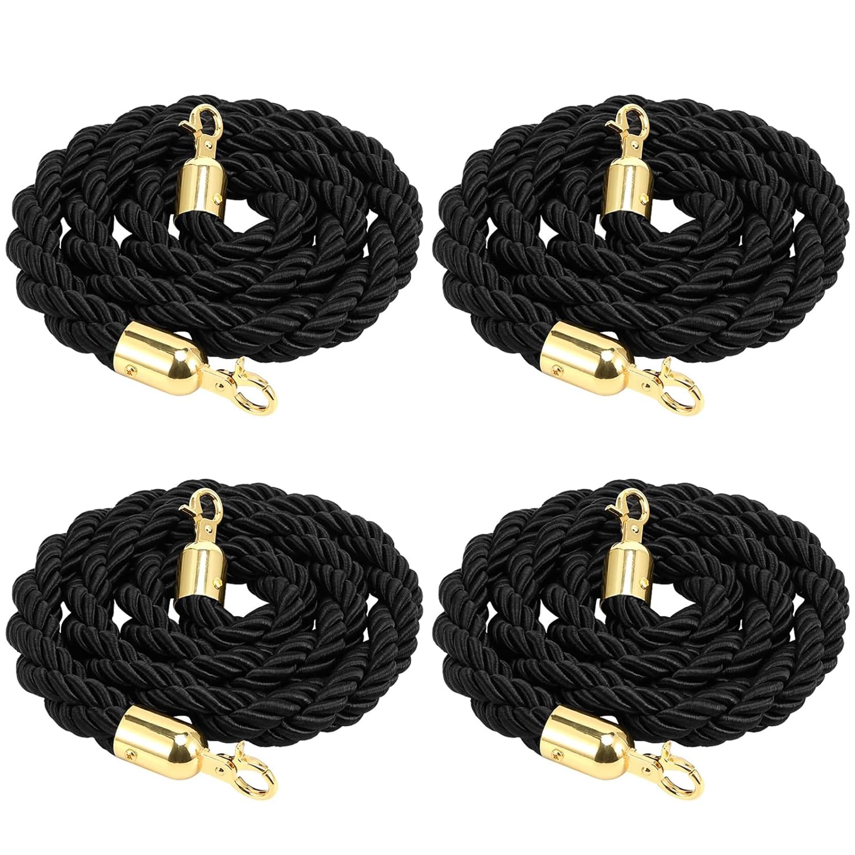 GAROEN 4-Pack 8ft Black Twisted Post Ropes with D Hooks - Crowd Control Queue Barrier Support Line for Events, Cinemas, Hotels, and Large Openings (7ft/215cm)