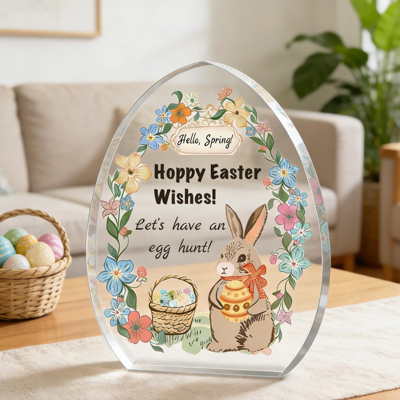 Easter Acrylic Plaque Decor - Hello Spring! Egg-Shaped Gift for Couples with Bunny, Eggs & Basket, Festive Tabletop Decor