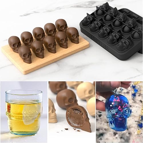 Miniatura 7 de Bandejas de cubitos de hielo, molde de silicona para cubitos de hielo con tapa, molde estilo cabeza de calavera, para enfriar whisky, cóctel,