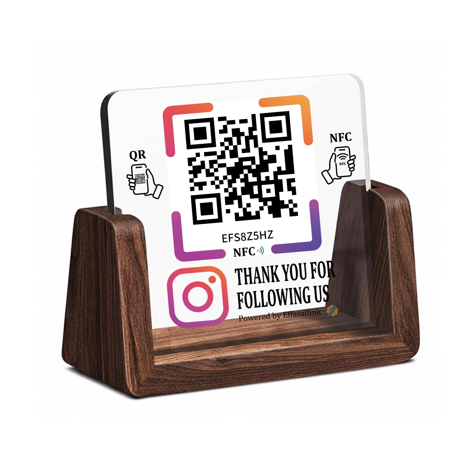 Wooden Stand with Clear Acrylic QR Code & NFC Sign for Instagram