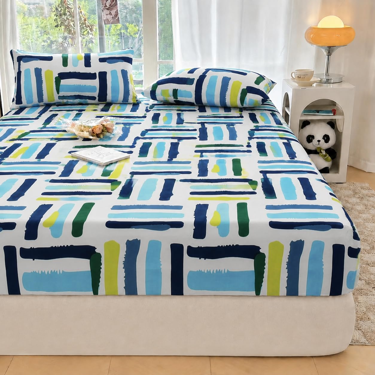 VOMZER 300 TC Cotton Feel All Around Elastic Fitted Queen Size Bedsheets, Supersoft Elastic Fitted Double Bedsheet with 2 Pillow Covers, Size 60x78x8 Inches (Brush N Lines)