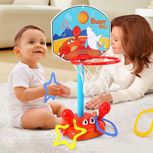 Miniatura 9 de Aro de baloncesto para niños pequeños, juego de juguetes deportivos 2 en 1 para niños, juego de lanzamiento de anillos con sonido musical, aro de