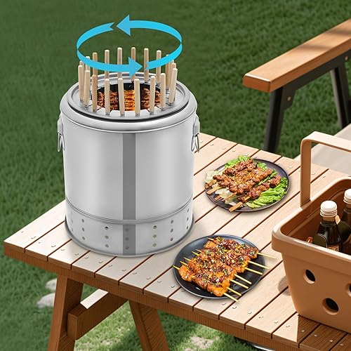 Miniatura 2 de Portable Barbecue Charcoal Barrel Grill, Stainless Steel Hanging BBQ Grill with 20 Skewer Capacity, Dual Mode Smokeless Outdoor Barbecue Grill for