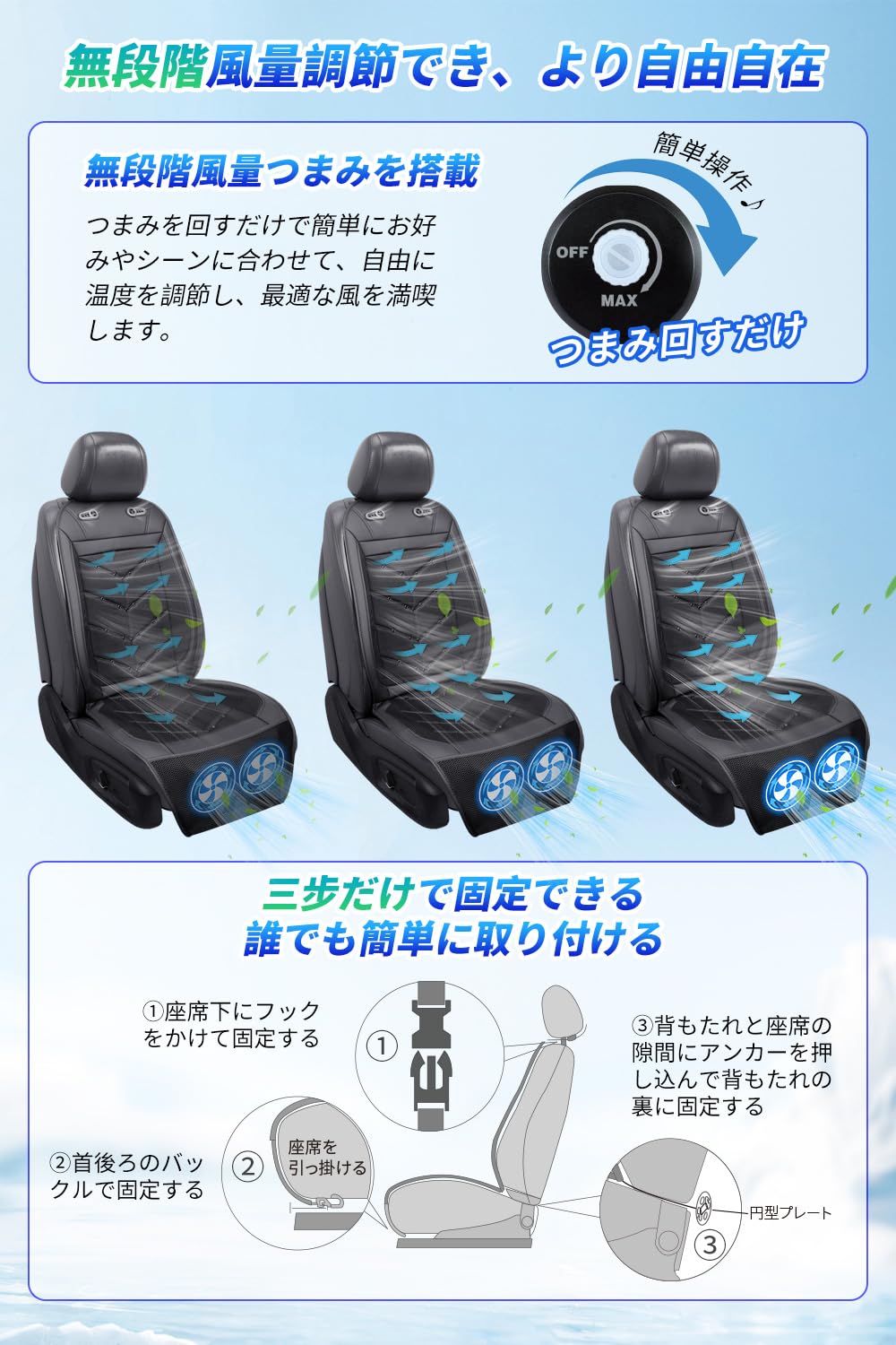 新品　未使用　クールシート 車 シートクーラー【2026新登場 2枚超大型ファン DC12V/24V対応】無段階風量調整 夏用 蒸れない 通気性向上 滑り止め 簡単装着 熱中症対策 日本語説明書付き (ネイビー/40個送風穴+首元2個吹出し口) Amazon.co.jp: クールシート 車 シートクーラー 【2026年新モデル 2個