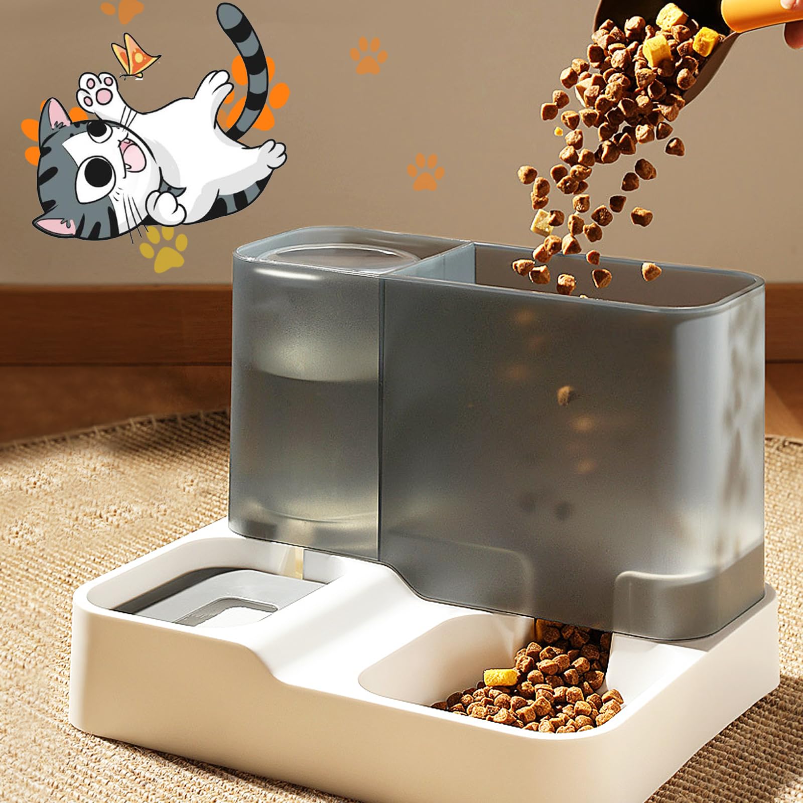 Distributore Automatico 2-in-1 Cibo e Acqua per Gatti 3,8L | A gravità, senza BPA, 2,8L cibo + 1L acqua, a prova di perdite, senza corrente, per gatti e piccoli cani
