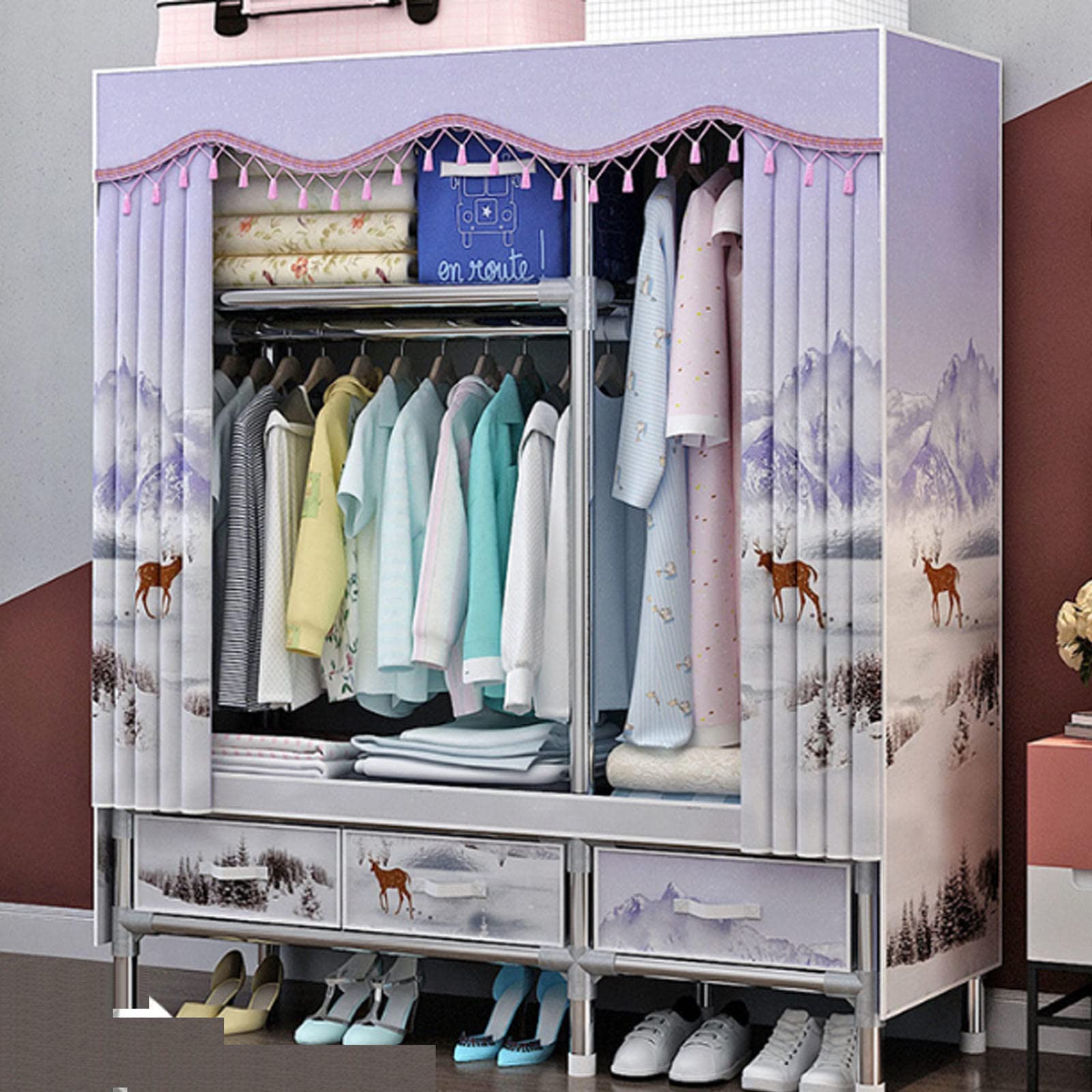 Armario De Lona,Estantes Grandes De Tela con Barra para Colgar Ropa,Armario De Ropa Plegable para Dormitorio,D-120x45x168cm