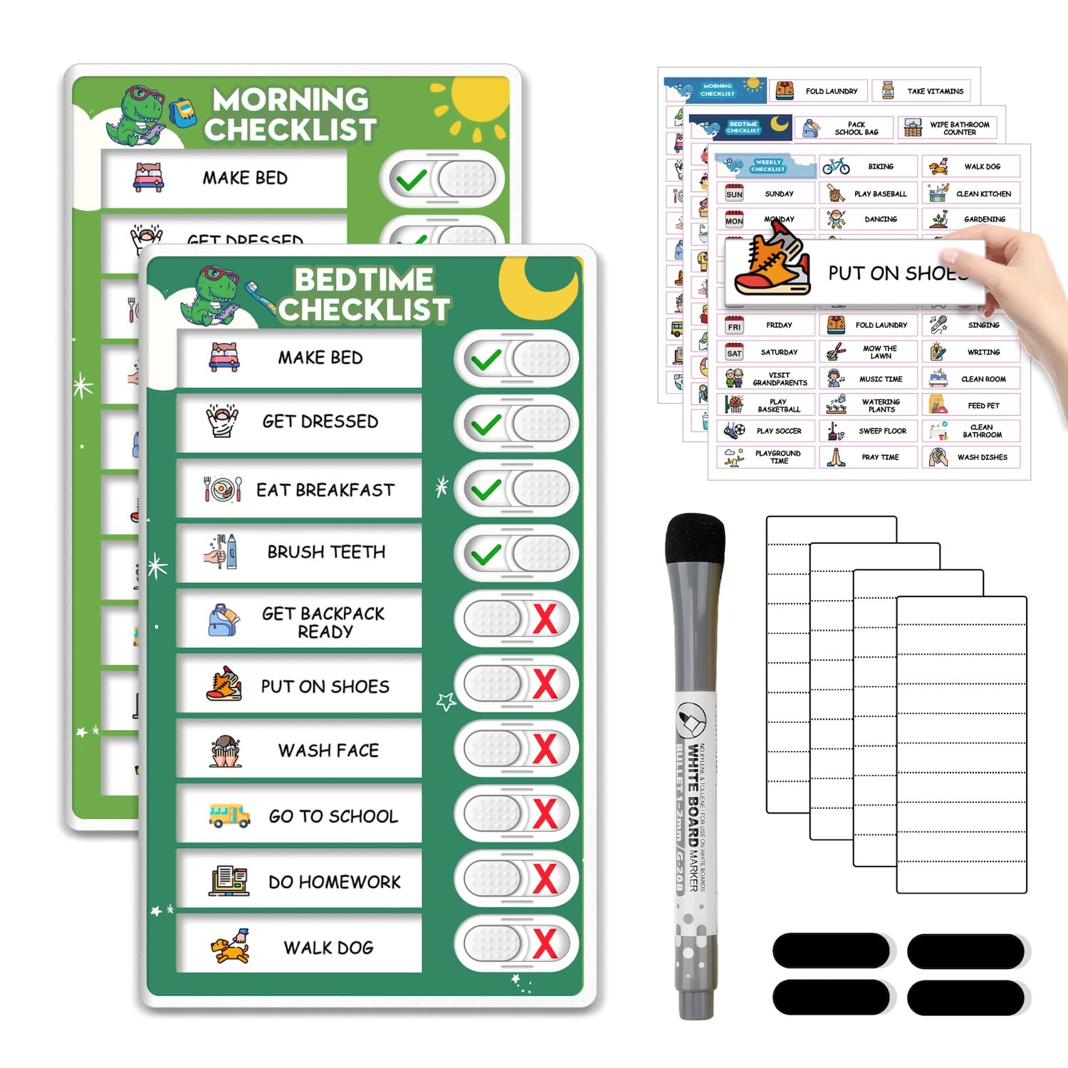 Upgraded Slider Morning/Bedtime Routine Chart for Kids Toddlers - Magnetic Kids Chore Chart for 2 Kids, Dry Erase Chore Chart for Kids, Visual Schedule for Kids