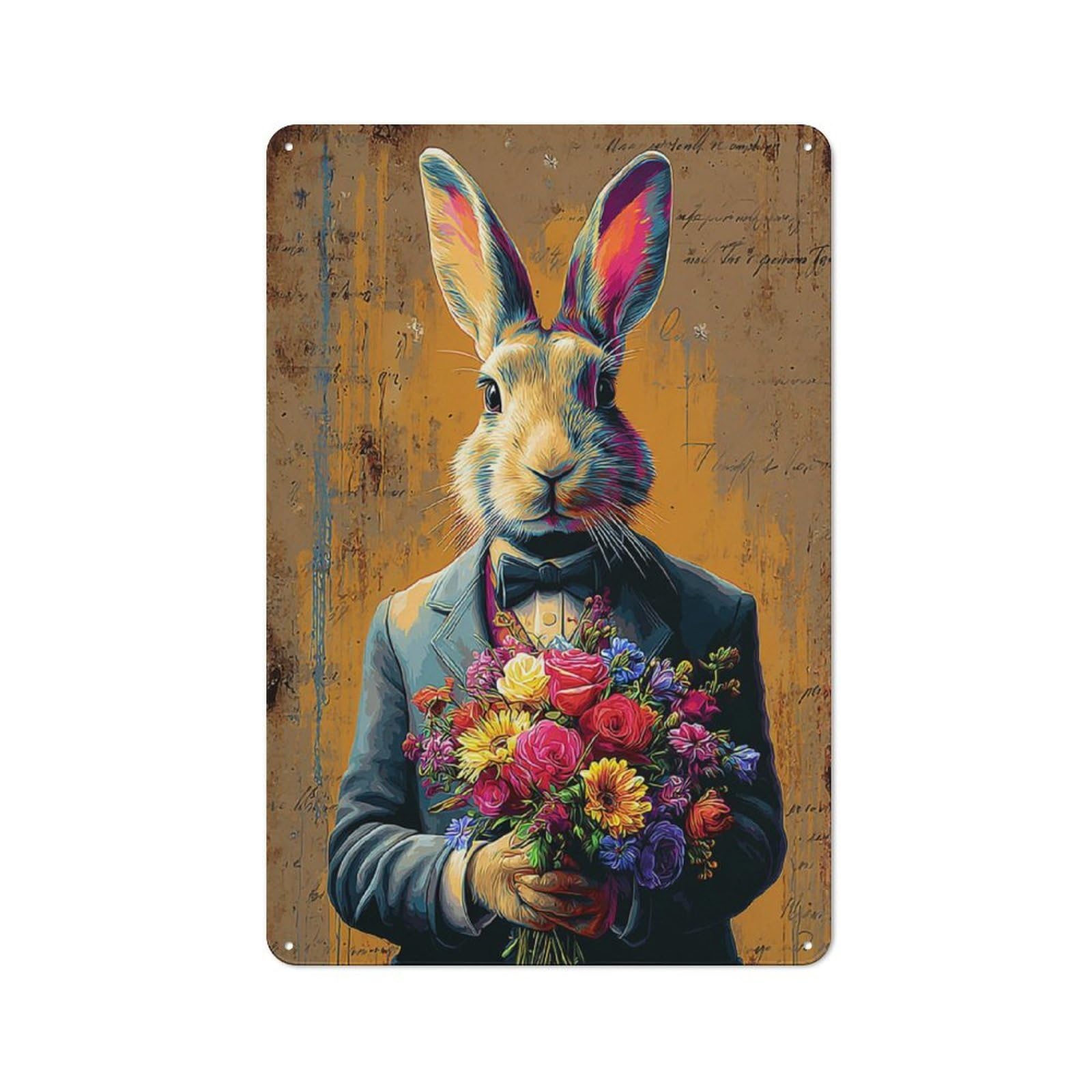 Junmoney Rabbit In Suit With Flower Bouquet Retro Metal Sign 30X20cm For Living Room Or Hallway, For Updating Living Room And Hallway After Moving