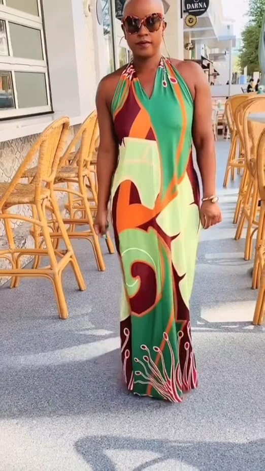Women's Summer Vacation Dress 2025 - Halter Neck, Floral Print, Empire Waist  With Tie Belt, Midi Sundress