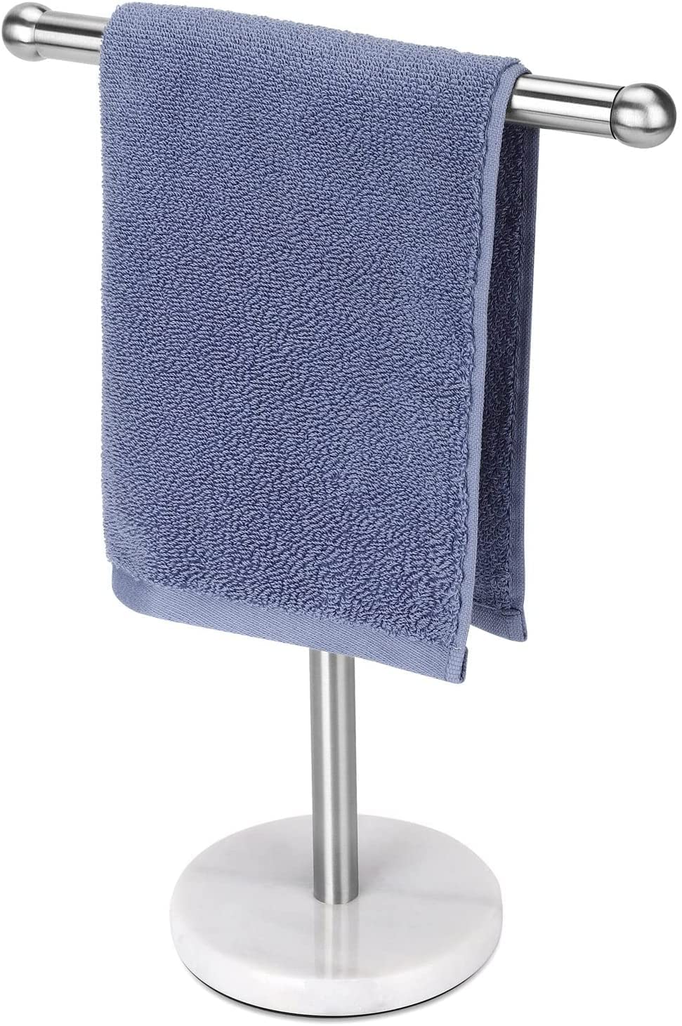 Gold Hand Towel Holder Stand With Heavy Marble Base, T-Shape Towel Rack, Free-Standing For Bathroom Vanity Countertop, 304 Stainless Steel,Brushed Silver