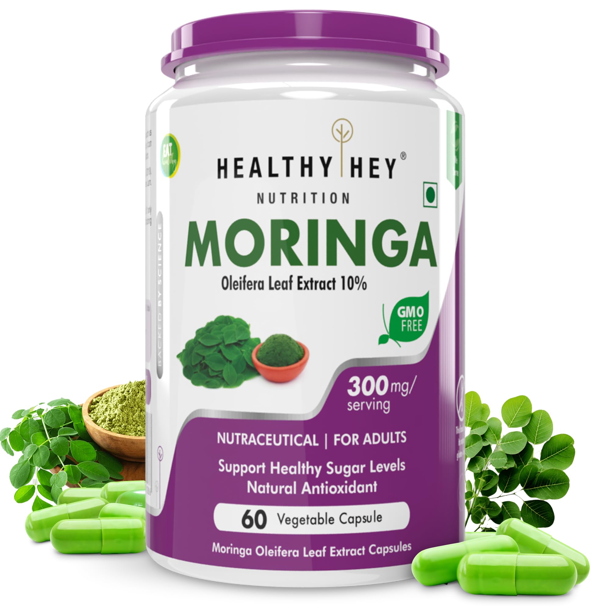 HealthyHey Nutrition Moringa Extract 10:1-300mg - 60 Veg Capsules - Oleifera Leaf - Miracle Tree