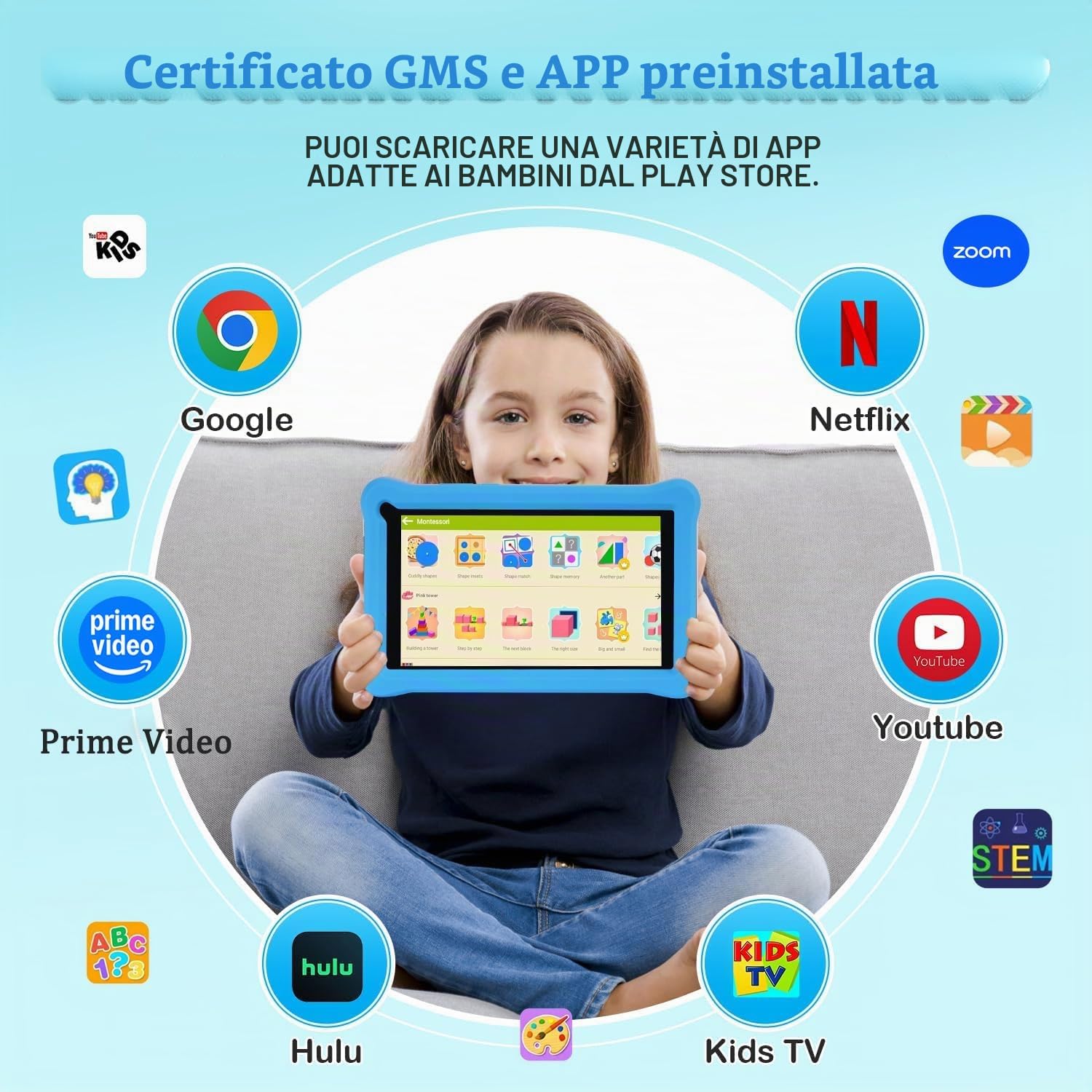 Tablet per bambini 7 pollici, Android 13, 8 GB RAM + 64 GB ROM (espandibile 256 GB), controllo genitori, schermo HD IPS, certificato GMS, Wi-Fi, tablet educativo bambini con custodia (blu)