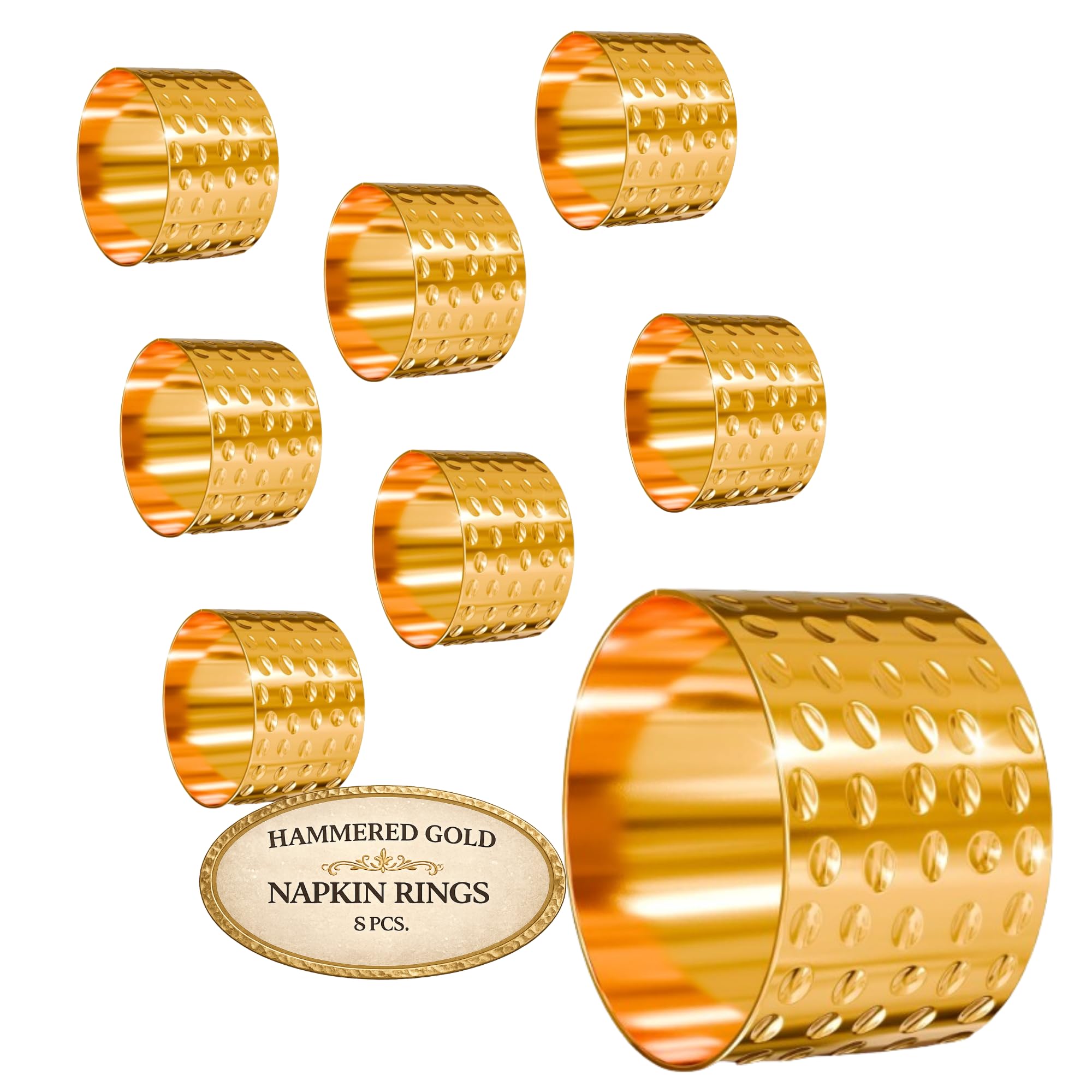 8 Pcs Gold Napkin Rings, Hammered Metal, Reusable, 1.75 x 1.1 Inches
