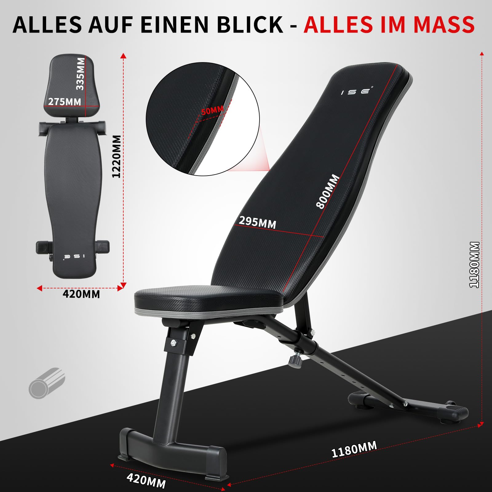 ISE Vergrößerte Hantelbank Klappbar Multifunktion Schrägbank mit 6-Fach Verstellbarer Rückenlehne Bankdrücken, Trainingsbank für Ganzkörper-Workout, Fitnessbank für zu Hause SY-5021