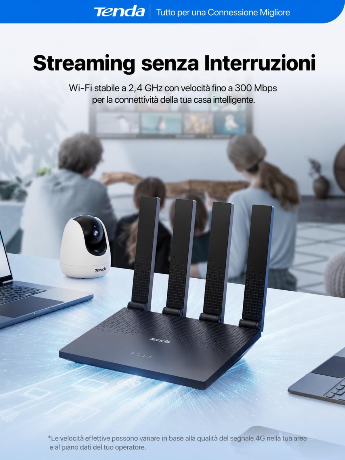 Tenda Router 4G con SIM Modem LTE Cat4 Wi-Fi N300 4G03 Pro V2.0 | 4 Antenne Pieghevoli, USB-C, Porta LAN/WAN, Plug & Play, Fino a 32 Dispositivi, Portatile per Casa, Camper e Viaggio
