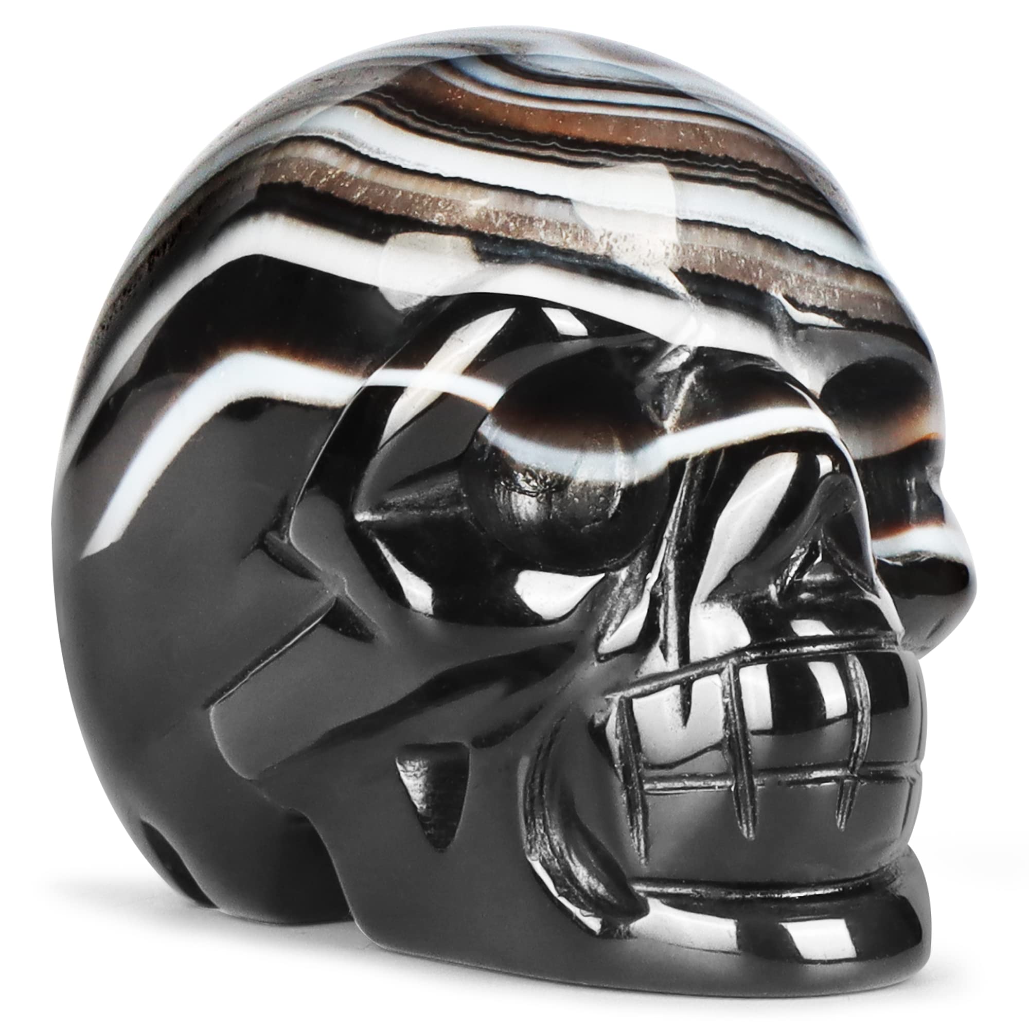 Black Banded Agate Crystal Skull Statue 2" Crystal Stone Skull Head Statues for Halloween Decor Gemstone Carving Human Skull Figurines Skull Gift for Women Men Decorative Crafts Home Decor