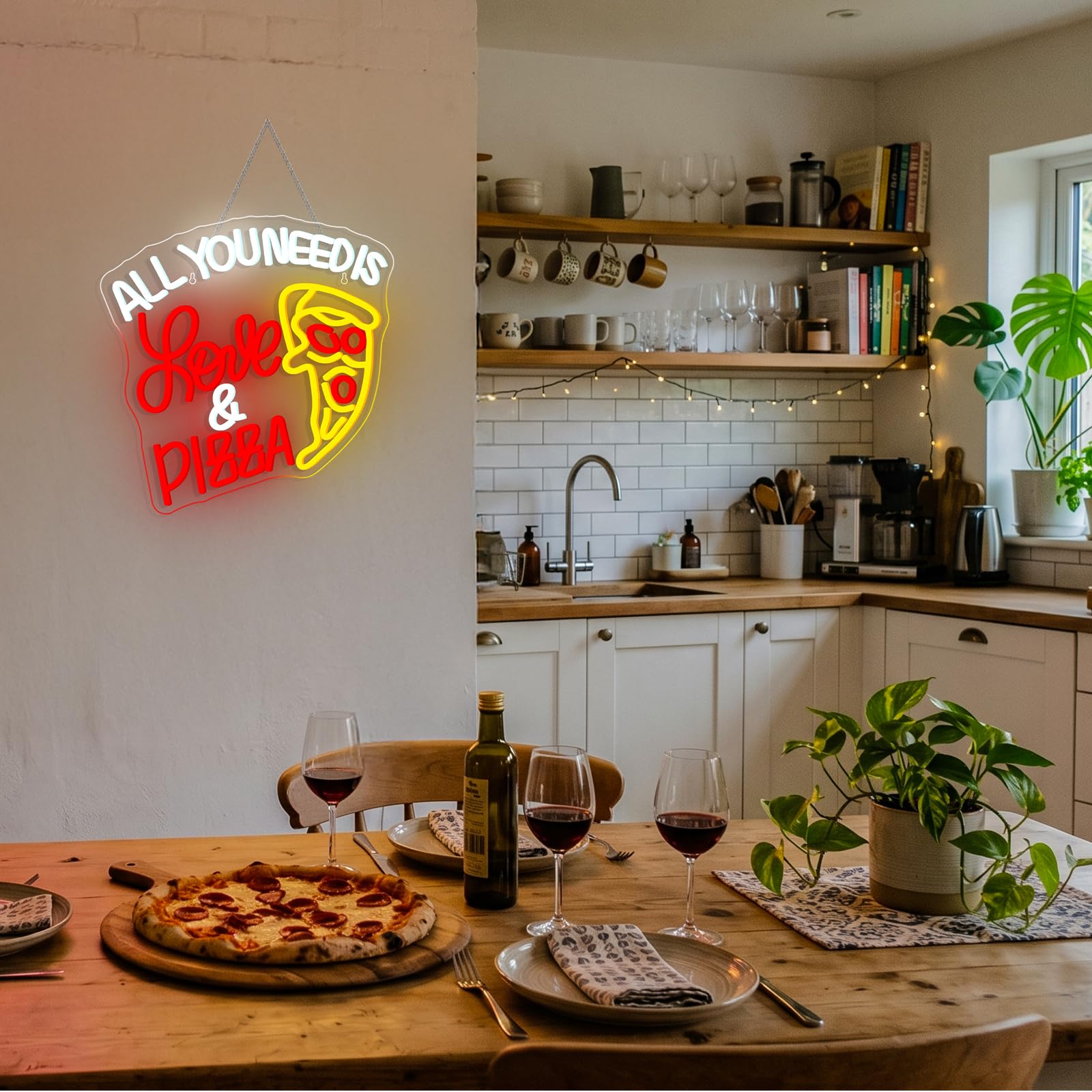 All You Need Is Love & Pizza Insegna Led Pizza Lampada Neon USB Dimmerabile Insegna al Neon Decorazione Letter Insegne Luminosee per Pizzeria Negozio, Regalo, Camera da Letto, Ristorante, Cucina