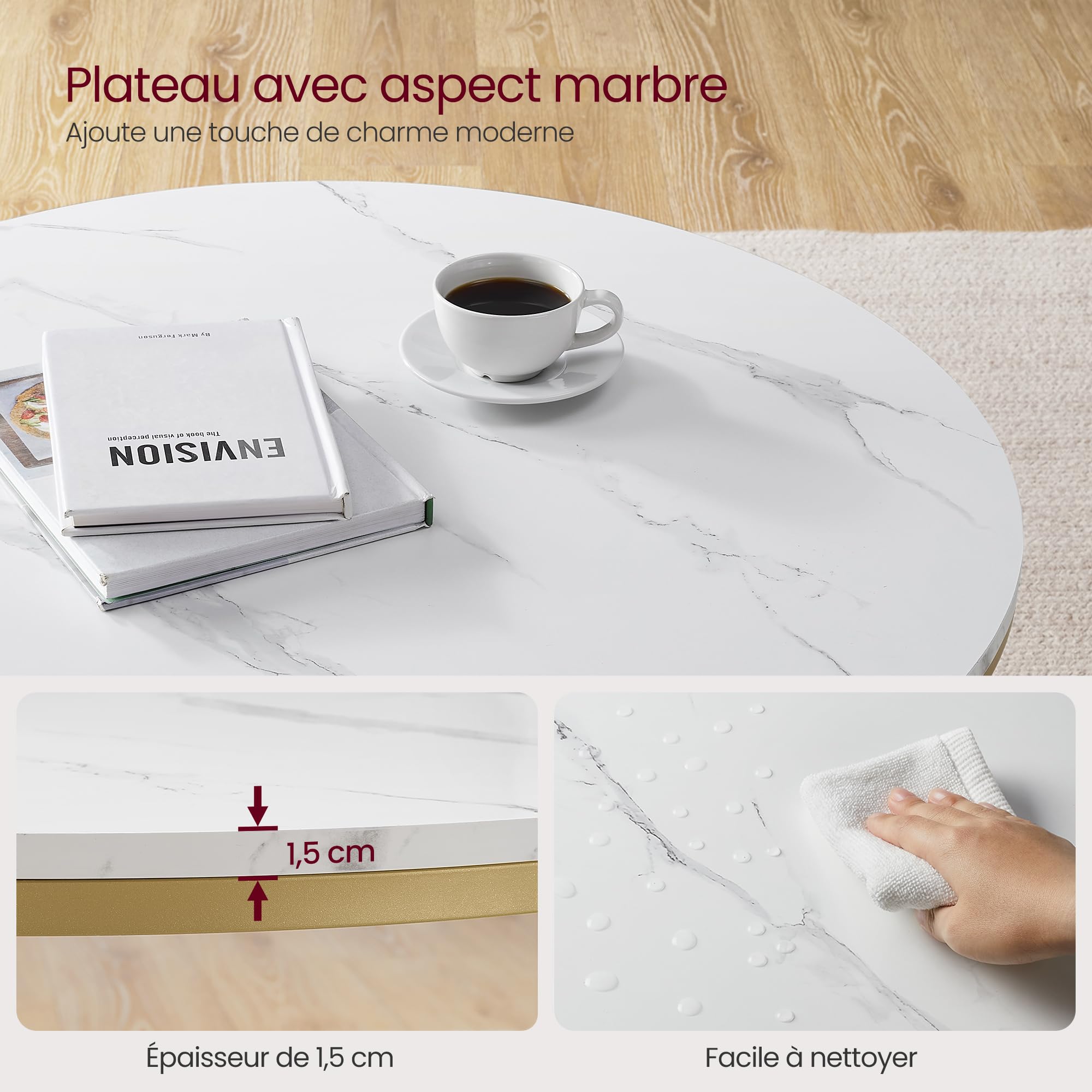 VASAGLE Table Basse, Table de Salon, Façon Marbre, Support en Verre Trempé, Facile à Assembler, Style Moderne, Blanc Marbré et Doré Métallique LCT071W59