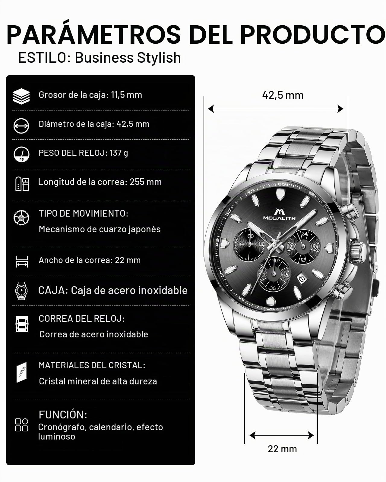 MEGALITH Reloj de Pulsera Elegante Hombre: Cronógrafo Impermeable Analogico Reloj con Fecha Luminosa - Regalo Aniversario Cumpleaños para Formal Negocios Hombre