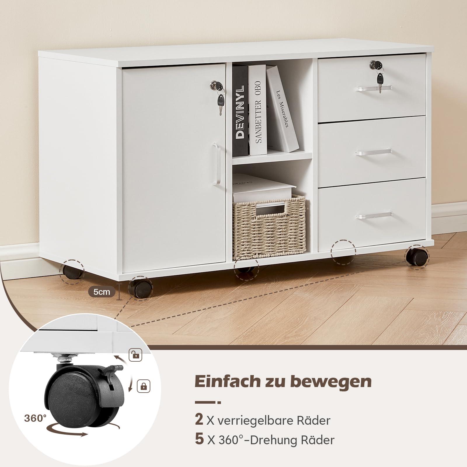 TUKAILAI Rollcontainer Abschließbar mit 3 Schubladen, Lagerung Fach und Offene Regale, Aktenschrank, Büroschrank mit Rollen, Dokumente in DIN-A4, Legal, Letter-Format, Büromöbel, Weiß