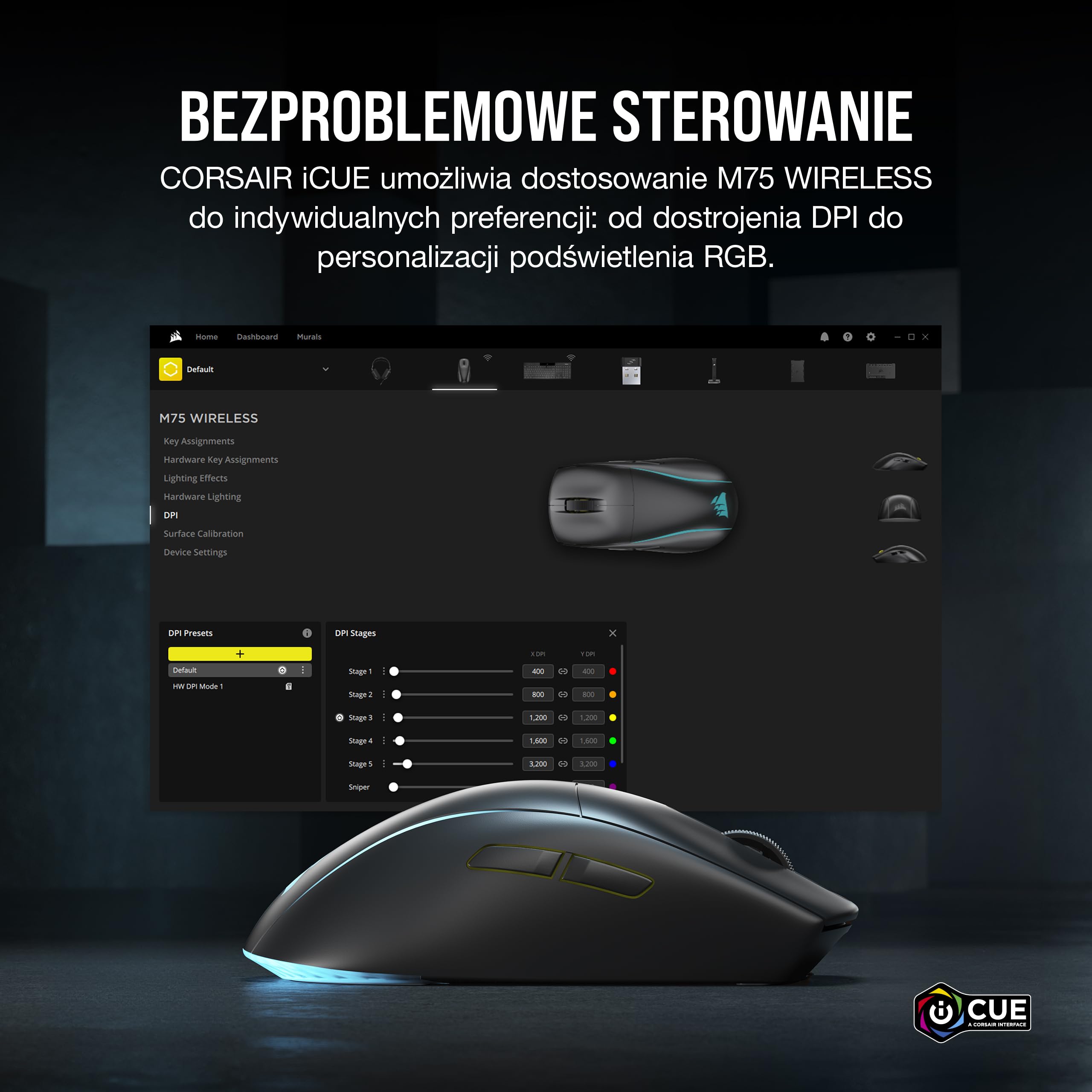 CORSAIR M75 WIRELESS RGB Lekka Mysz do Gier FPS – 26 000 DPI – Wymienne Przyciski Boczne – Kompatybilna z iCUE – PC – Czarny
