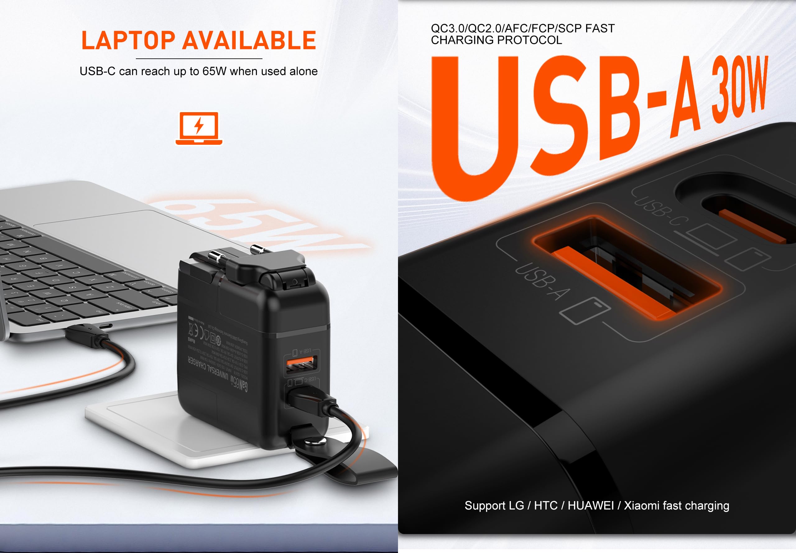 Universal Reiseadapter GaN 65W USB C PD flach Ladegerät, 2 Port Schnelllader mit UK/EU/US/AU Reisestecker, Netzstecker Adapter for Laptop Tablet Smartphone Apple Watch iPhone iPad