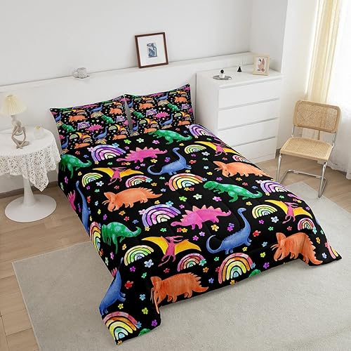 Miniatura 3 de Erosebridal Juego de edredón de arcoíris para niñas, tamaño individual, juego de ropa de cama Kawaii de dinosaurios, juegos de ropa de cama y