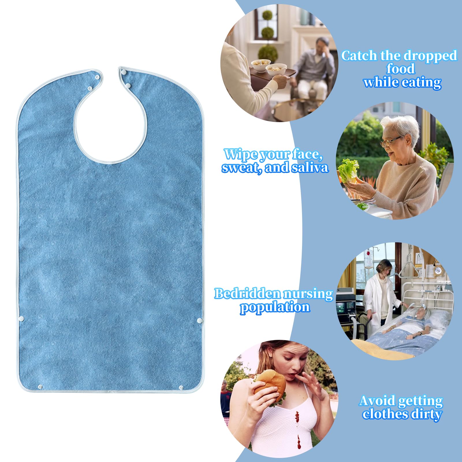 Baberos para adultos, paquete de 3 unidades, resistentes al agua, baberos para adultos, con botones de presión y guardabarros, protector de comida impermeable para hombres, mujeres, ancianos y