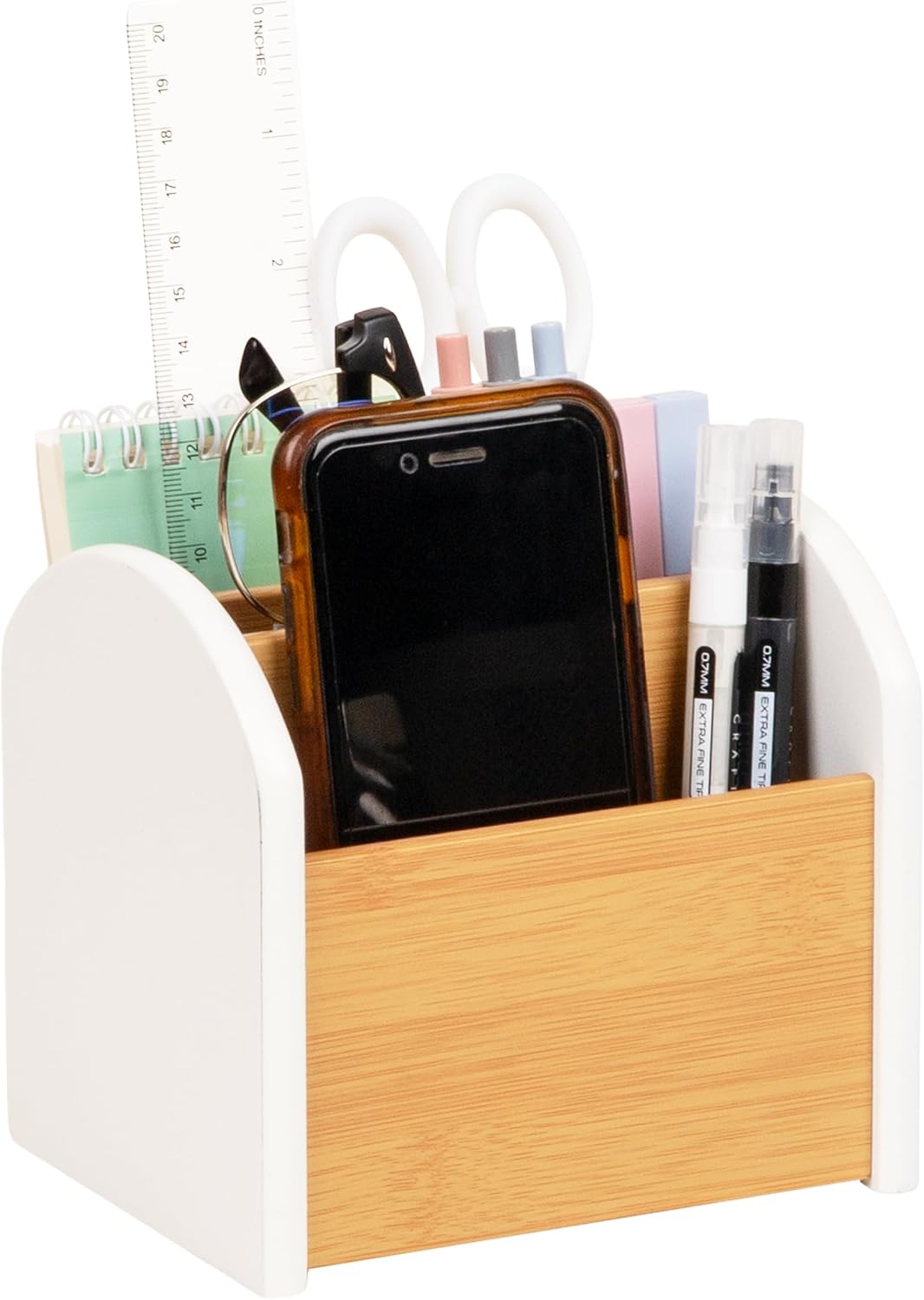 Mind Reader Desktop Organizer with 3 Compartments, Natural Wood and Matte Finish Sides, Compact Desk Storage, Wood, White