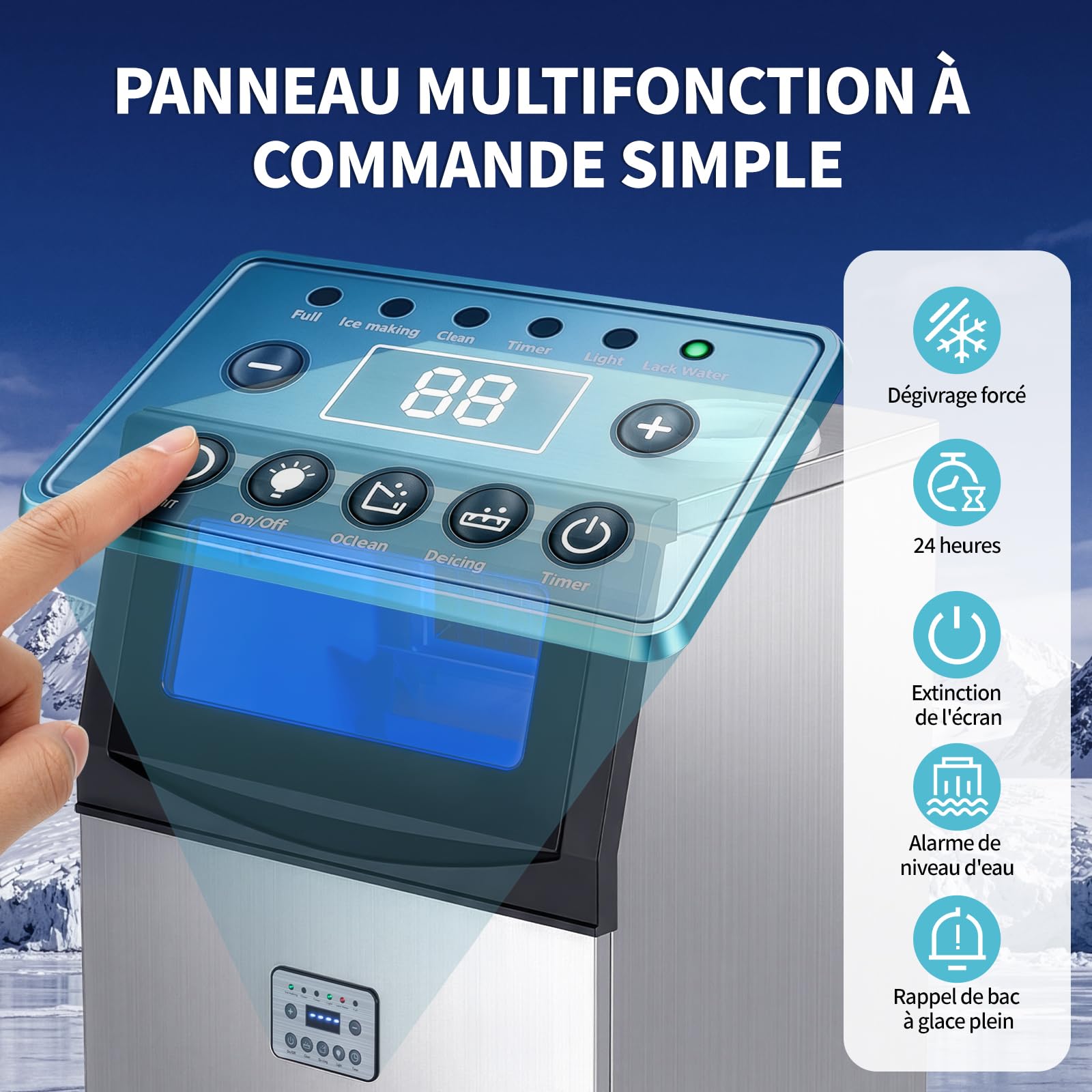 LEADZM Machine à Glaçons Commerciale 50 kg/24h, Capacité de Stockage 23 kg, 50 Glaçons par Cycle, Acier Inoxydable, Nettoyage Automatique, Idéale pour Bar, Restaurant et Café