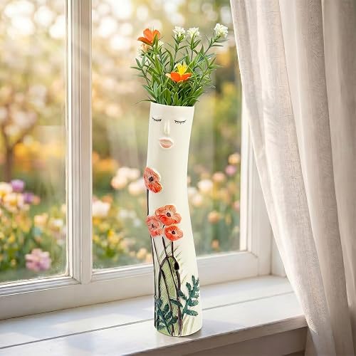 Cute Face Bud Vase, Hand Painted Resin Mini Vase, Boho Decorative Vase for Desk Shelf Living Room Decor, Unique Gift Idea for Women (Face & Orange Blooms)