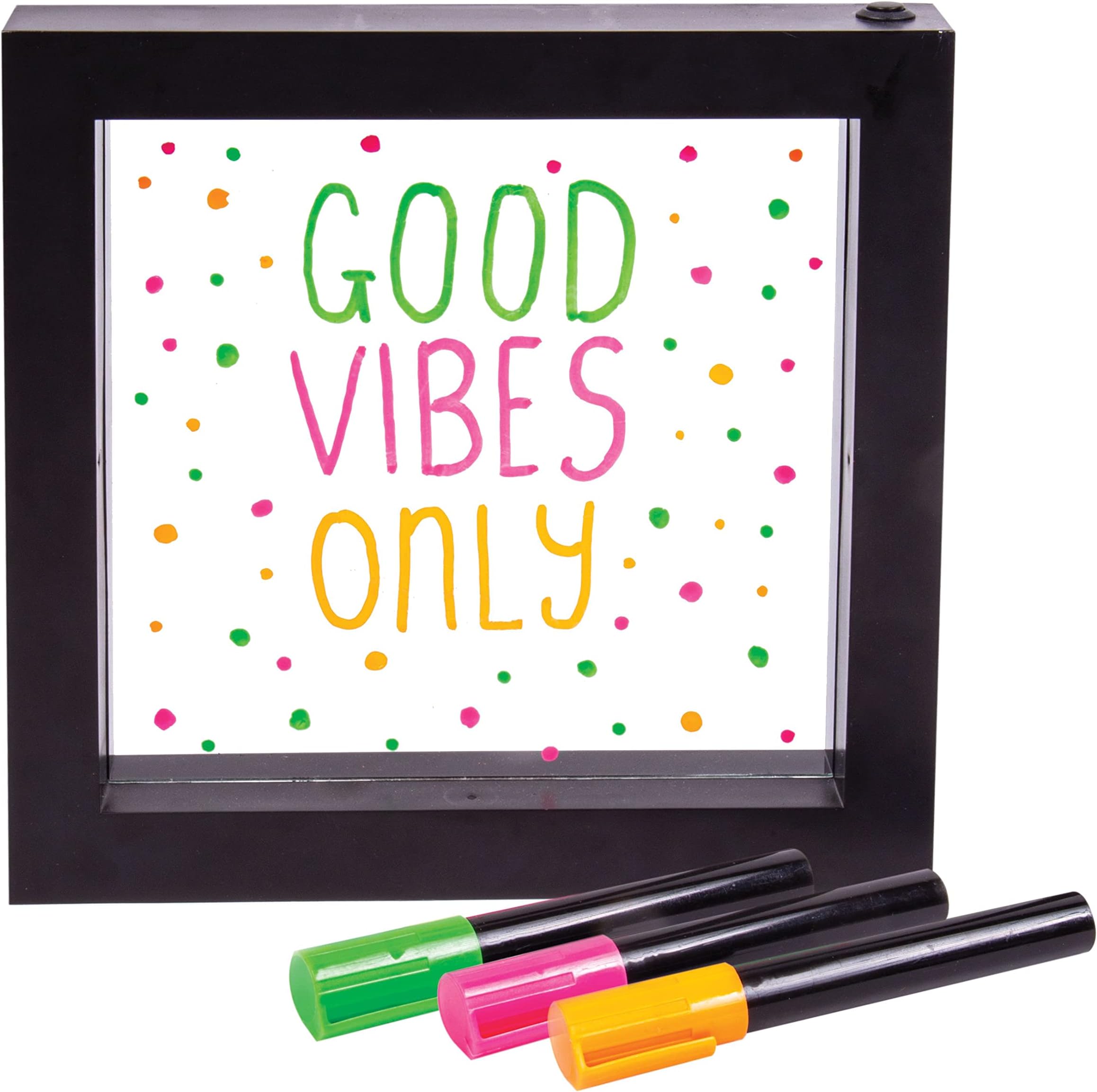 Neon Light Effect Message Frame. Includes 3 Coloured Pens to Write Your Message - Pink, Green & Orange. Wall Mountable. Wipe Clean. Battery Powered. Notice Board LED Sign
