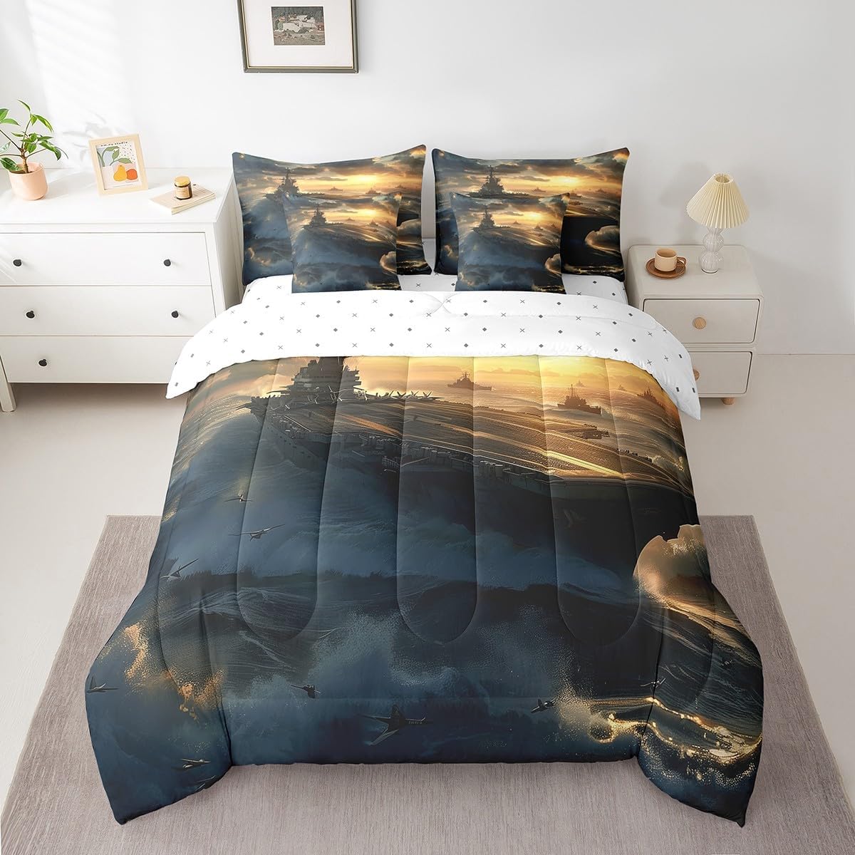 Castle Fairy Airplane 7 Pcs Bedding Set Queen Size Soft Microfiber Reversible Ship Printed Comforter Set with Sheets for Adult Kids Boys Girls Teens Sea Scenery Bed in a Bag Aviation Aircraft Bed Set