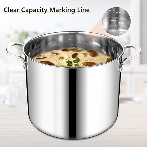 Miniatura 6 de Homikit Olla grande de 12 cuartos de galón, olla de sopa de pollo de acero inoxidable 1810 con tapa, olla resistente para cocinar al vapor y guisar,
