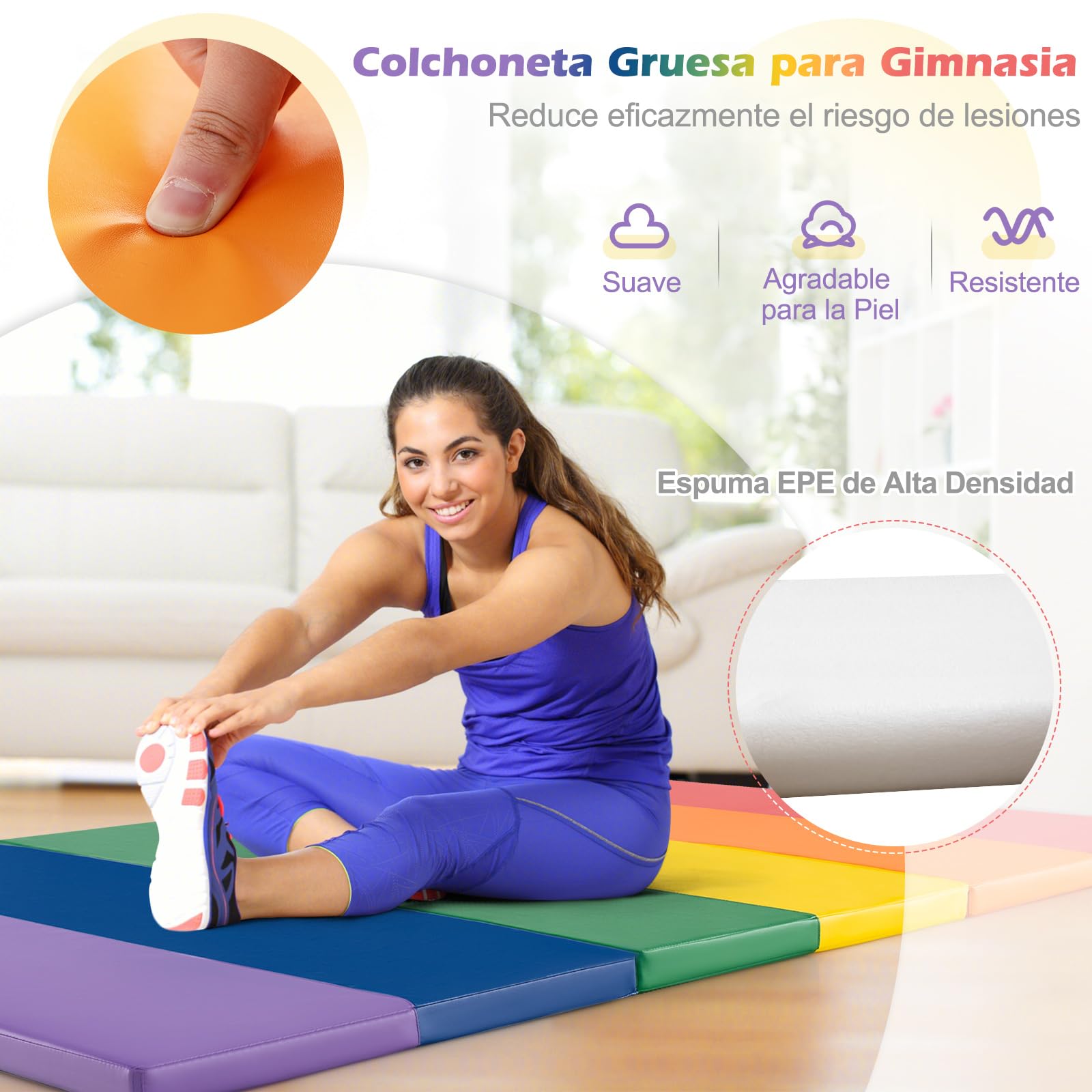 COSTWAY Colchoneta de Gimnasia Plegable de 200 x 75 x 3 cm, Esterilla de Gimnasia lmpermeable de 5 Paneles de PU, Estera de Ejercicio con Asas de Transporte para Gimnasio y Casa