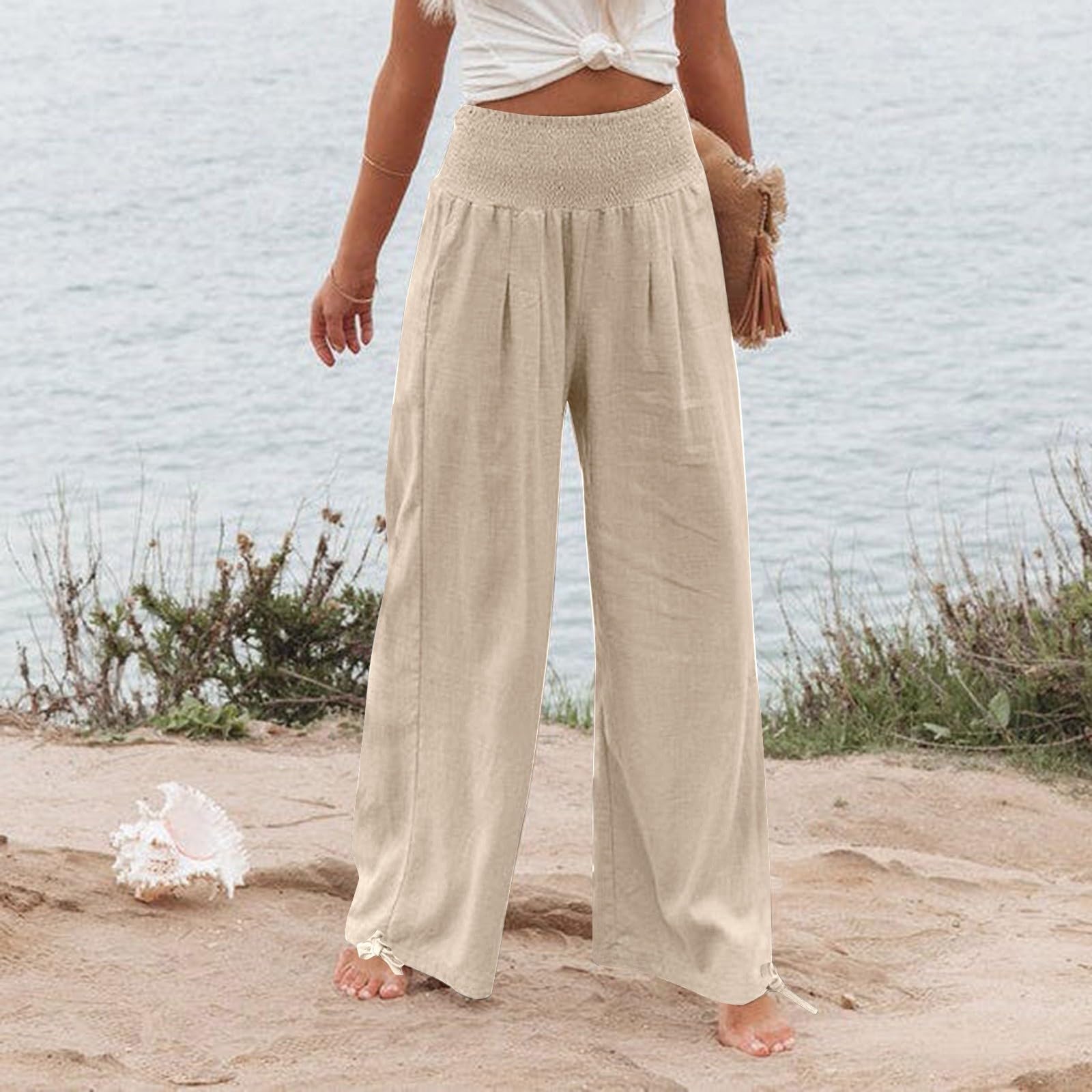 Womens Linen Pants 2026 Summer Beach Vacation Boho Wide Leg Pants Fashion High Waist Casual Flowy Palazzo Trousers — view 3