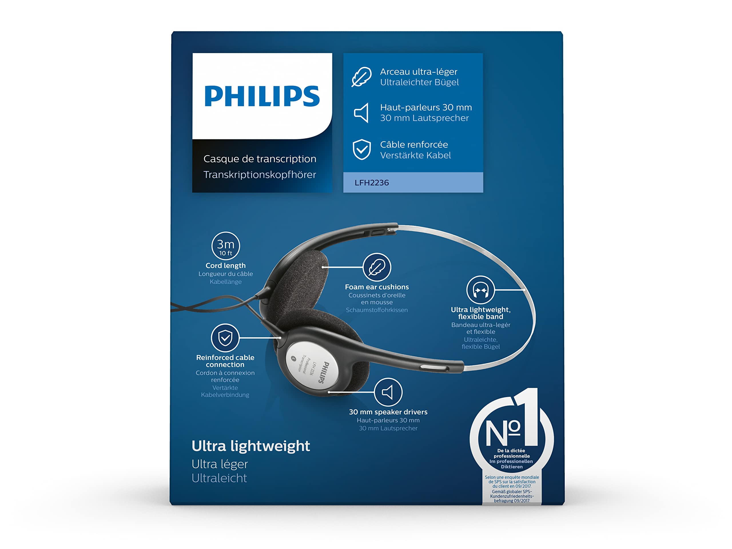 Philips LFH2236 Stereo Kopfhörer für Diktier-und Wiedergabegeräte mit 3.5 mm Klinkenstcker, Ohrpolster, schwarz/Silber, 170 mm × 135 mm × 50 mm