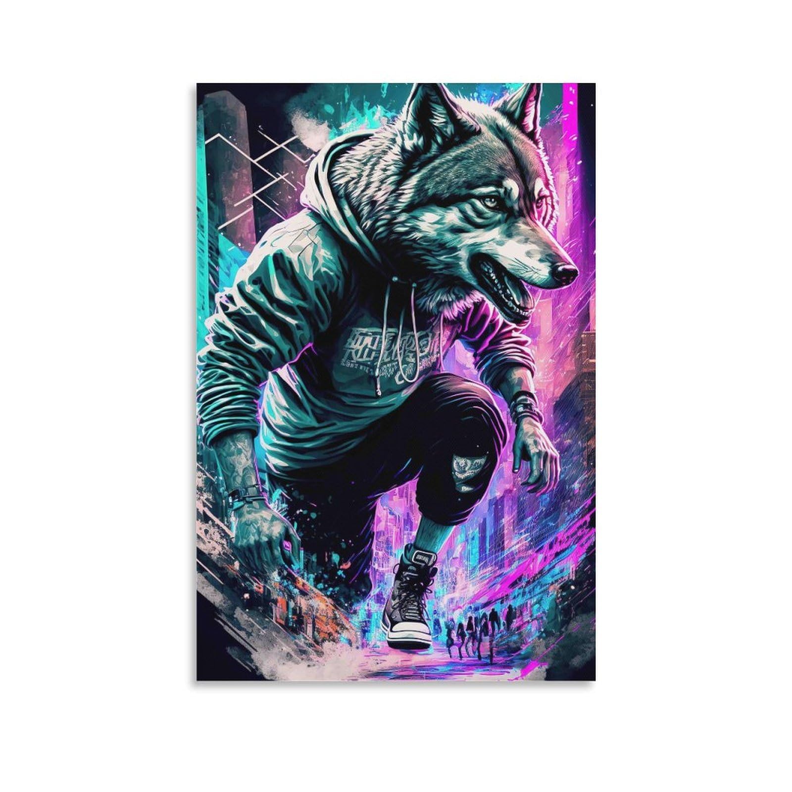 DHBANEIOK Cyber Wolf Urban Wall Decor Poster Canvas Prints Picture Modern Canvas Wall Art Picture Wall Hanging for Bedroom Living Room Decor 16x24inch(40x60cm)
