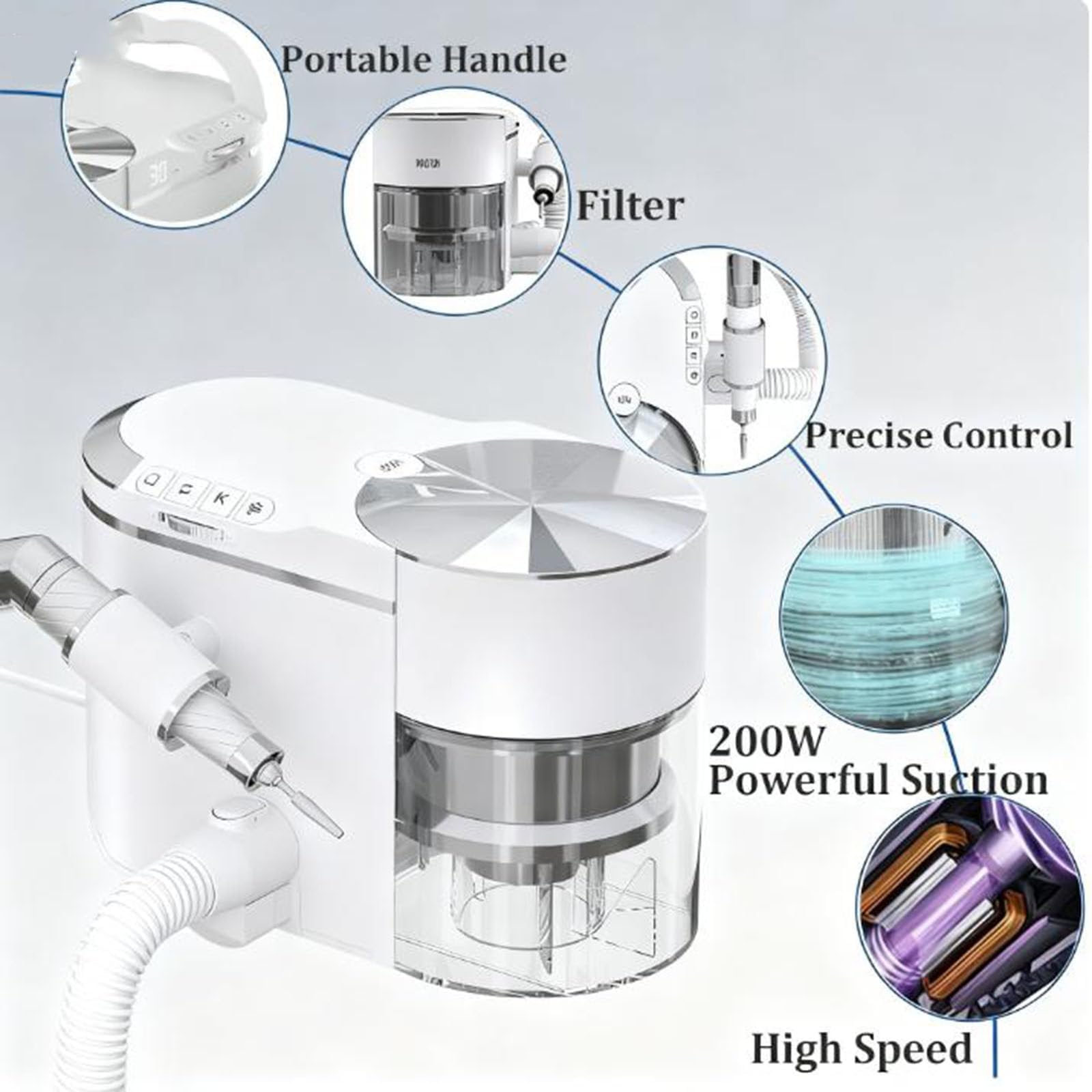 Taladro de uñas profesional y colector de polvo 2 en 1, velocidad ajustable y succión para un uso eficiente en salones y manicuras domésticas
