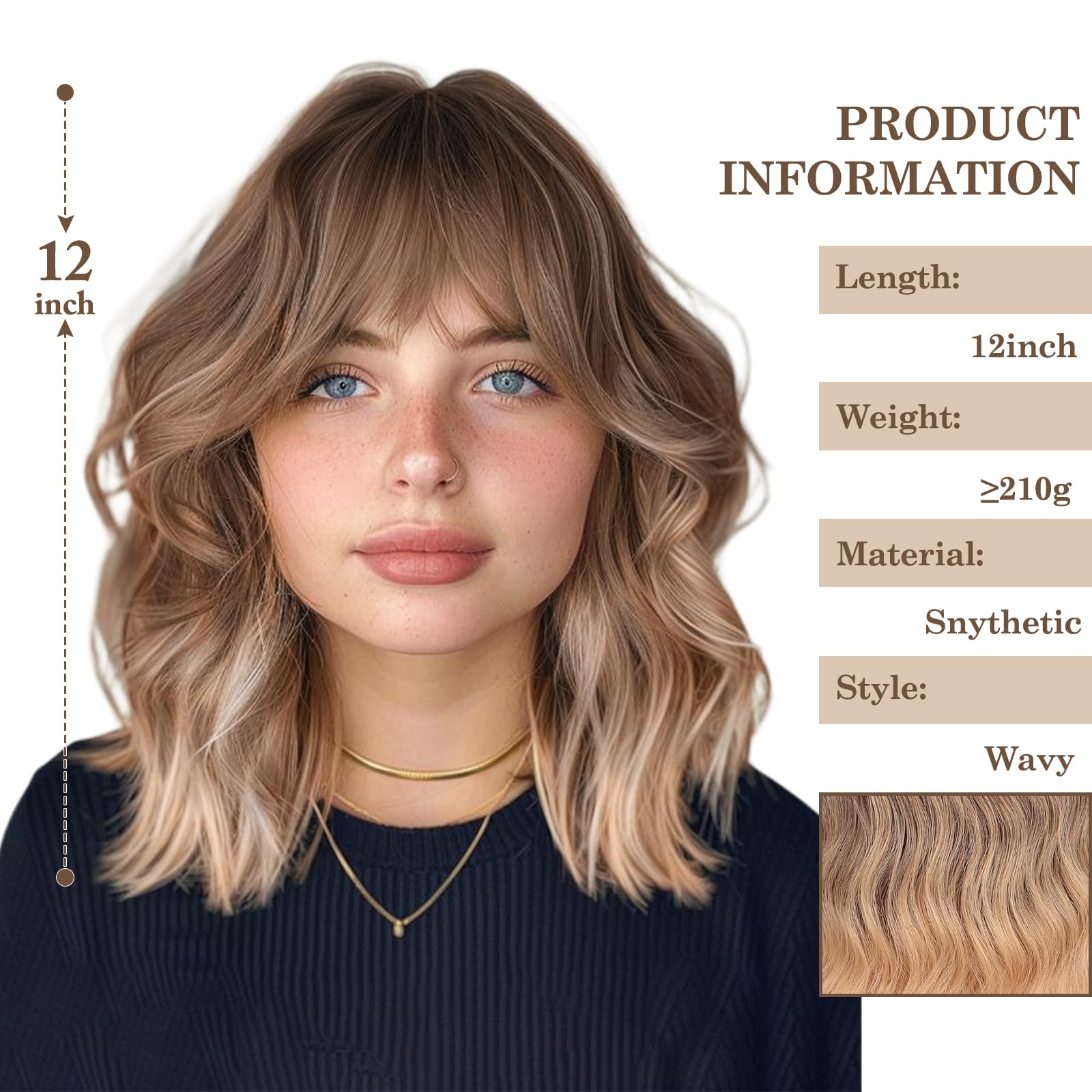 Short Wavy Brown/Blonde Ombre Heat Resistant Wig Ombre Blonde Wigs With Bangs Short Wavy Bob Wig for Women  main image 3