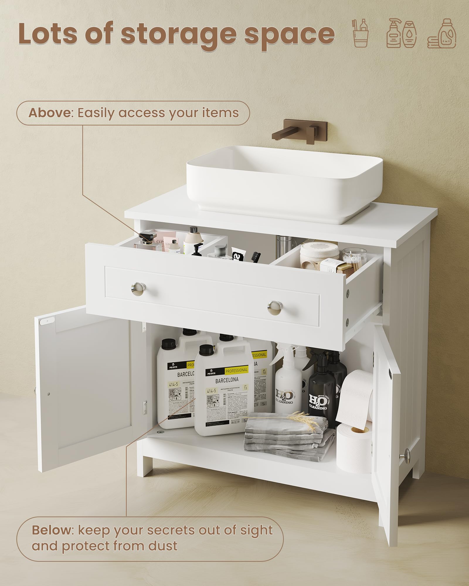 KIMENICH Mobile sottolavabo, lavabo con mobiletto, mobile da bagno a 2 ante, 60 x 30 x 60 cm, bianco, DJ503177