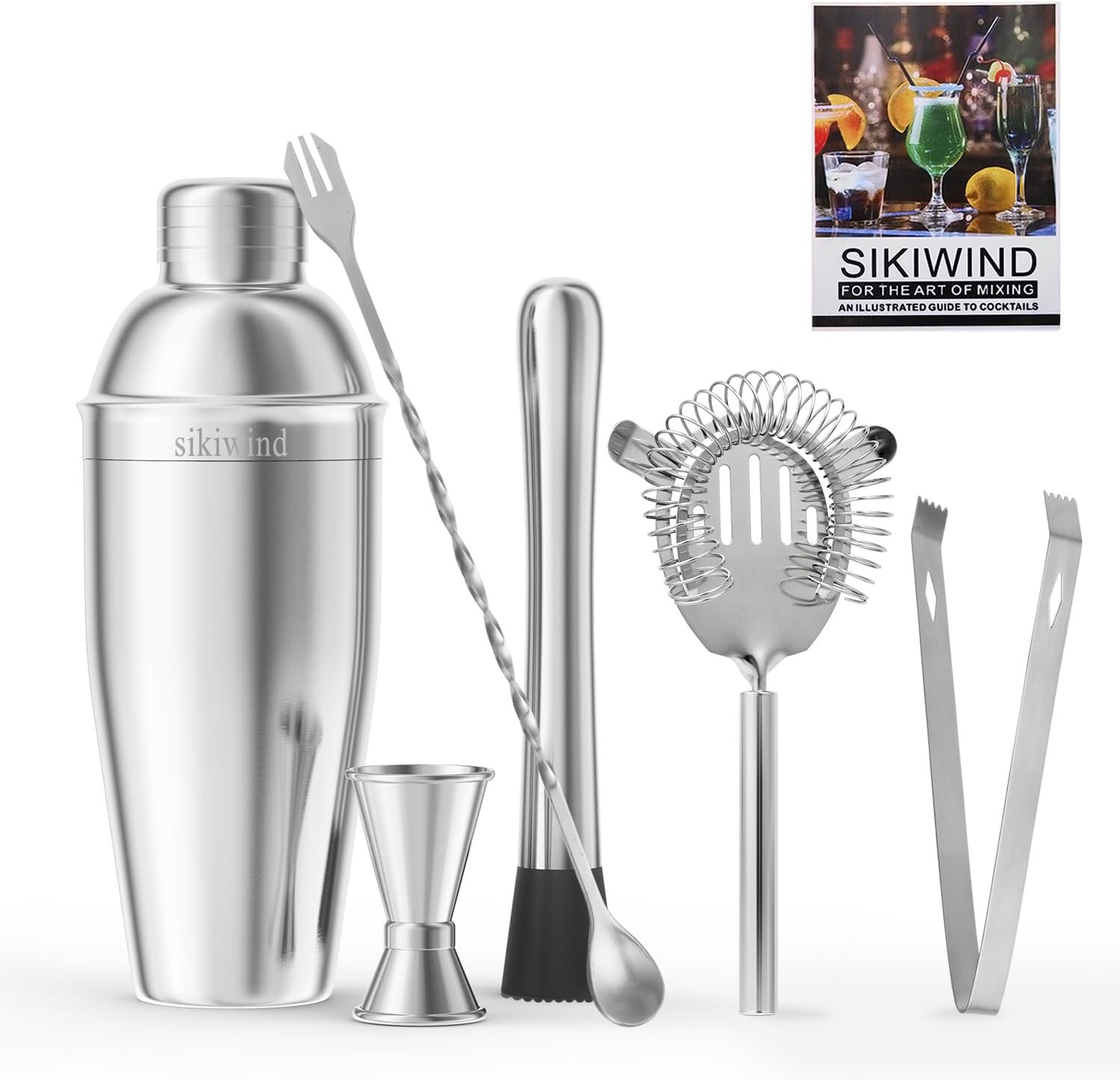 sikiwind 2 7 Piece Stainless Steel Bar Set Accessories-Bartenders 25 Oz Martini Shaker with Measuring Jigger, Mixing Spoon, Muddle,Strainers and Ice Tongs + Drink Recipe