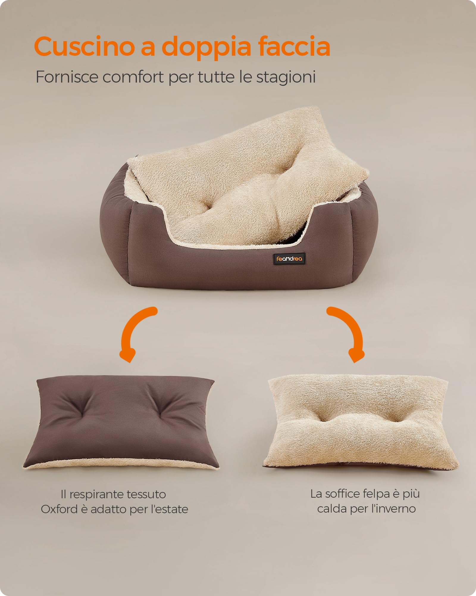 Feandrea Cuccia Cane Interno, Cuccia per Cani e Animale Domestico, Tappeto Rimovibile e Reversibile, Bordi Rialzati, Fondo Antiscivolo, S, 60 x 50 x 20 cm, Marrone Caffè e Beige Sabbia PGW001Z