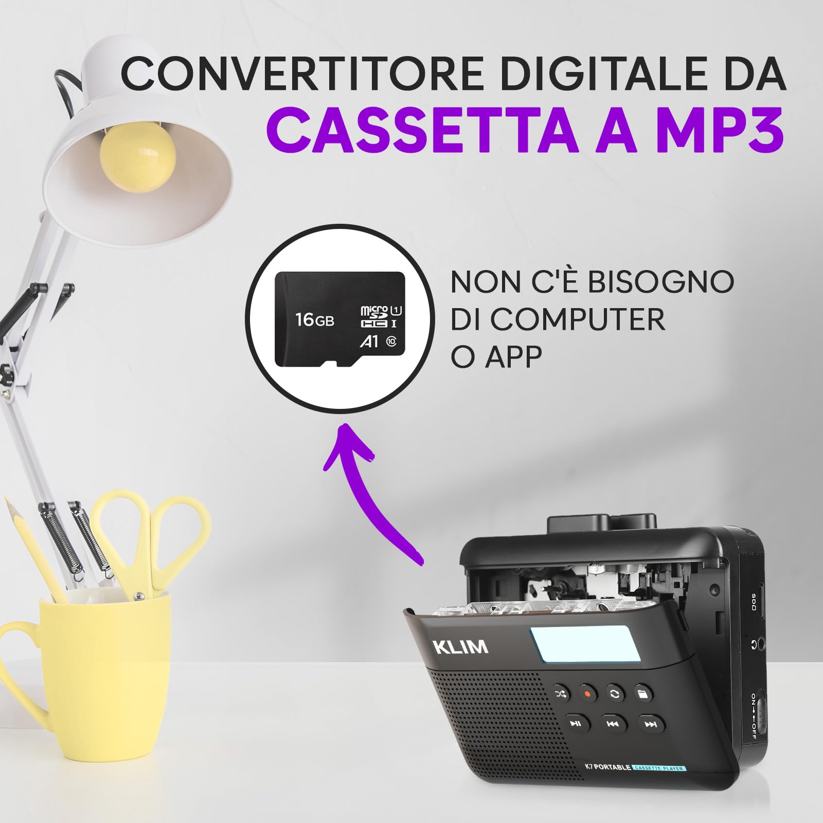 K7 Cassette Player MP3 Converter Portatile con Auricolari - Batteria Ricaricabile - Scheda SD 16 GB Nero