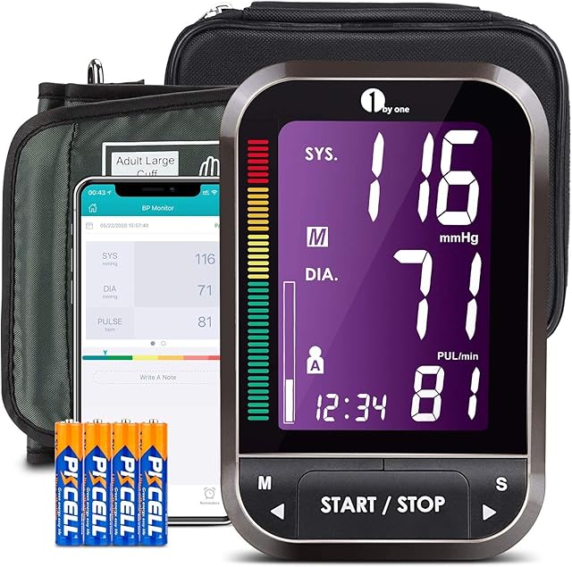 Blood Pressure Monitor, 1 BY ONE Upper Arm Blood Pressure Monitor for Home Use with Large Cuff 22-42cm, Backlit LCD Digital Display, Data Transfer to APP"1 BY ONE Health" iOS Android, Export Data