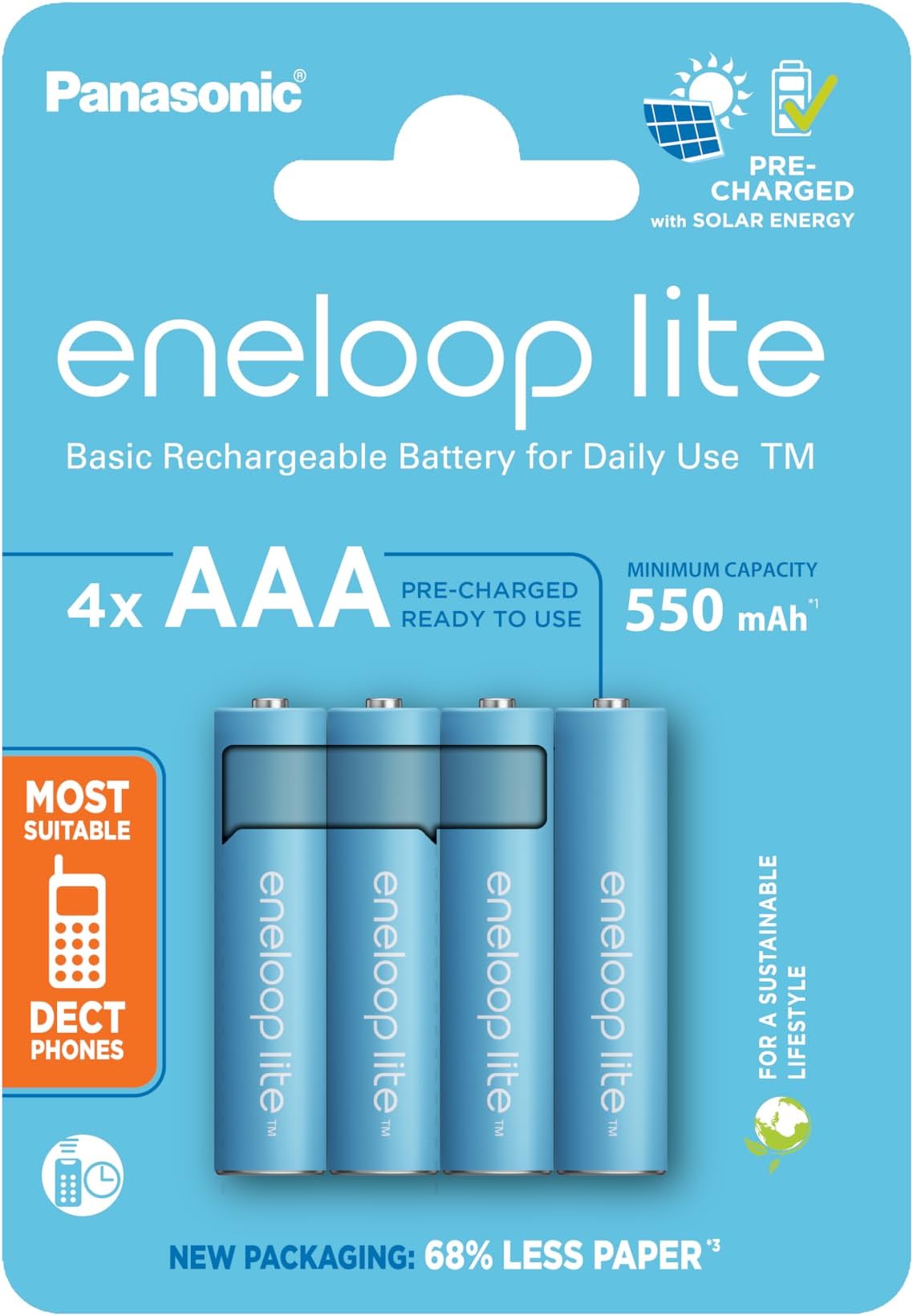 eneloop Lite, AAA/Micro, Rechargeable Battery, Pack of 4, Capacity of 550 mAh, Ready-to-Use Ni-MH Batteries, 3000 Recharge Cycles, Plastic Free Packaging, Lite, Blue, Ideal for Dect Phones
