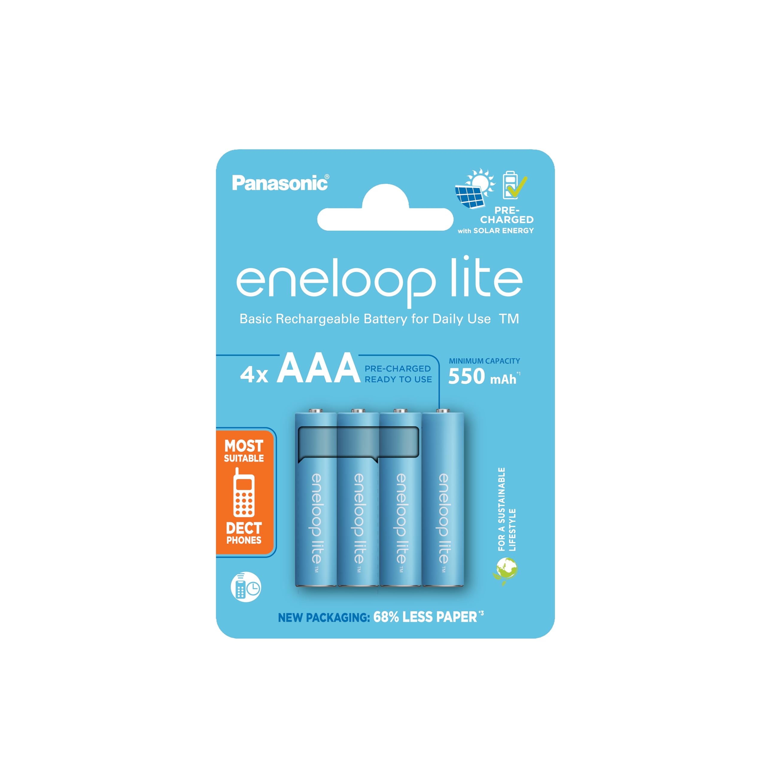 Panasonic lite, ready-to use Ni-MH battery, AAA/Micro, 4-pack, min. 550 mAh, 3000-charge cycle life, low self-discharge, rechargeable batteries in 100% plastic free packaging