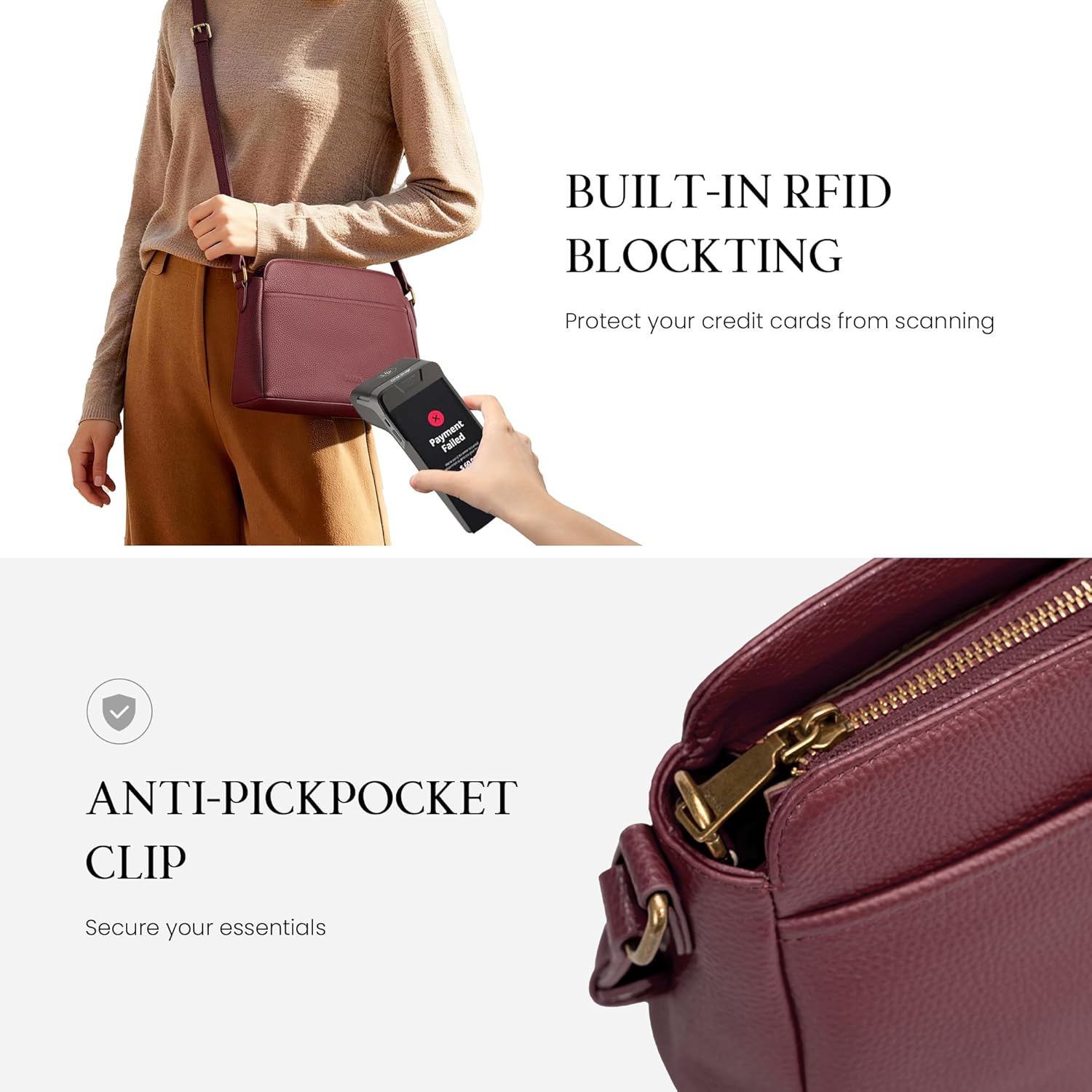 befen Anti-theft Crossbody Bag for Women Genuine Leather, Small Cross Body Shoulder Handbags with RFID Card Slots - Image 6