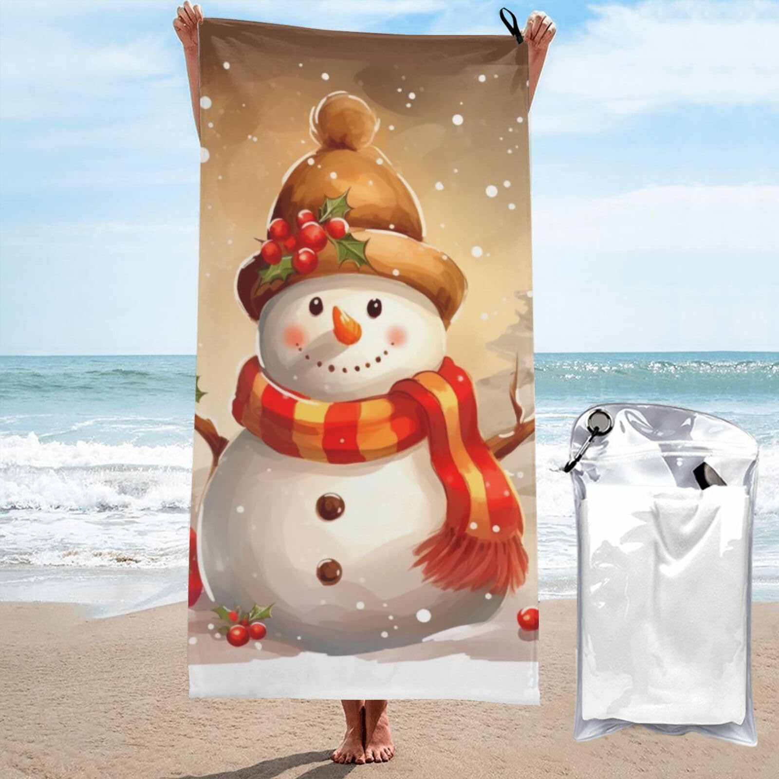 BWWHCCTI Christmas Snowman Printed Microfiber Quick Dry Beach Towel 80x160 CM, Fast Drying Bath Towels with Bags for Travel,Camping,Gym,Beach,Swimming,Yoga