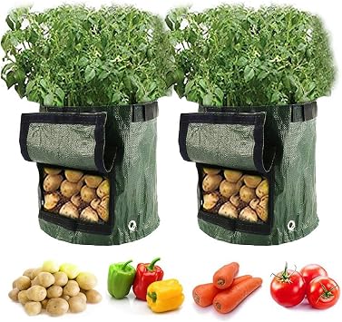 Keyohome 2 Pcs Potato Grow Bags, Breathable Garden Growing Bag with Flap and Handles for Vegetables, Fruits, Home Grow Bag 10 Gallons